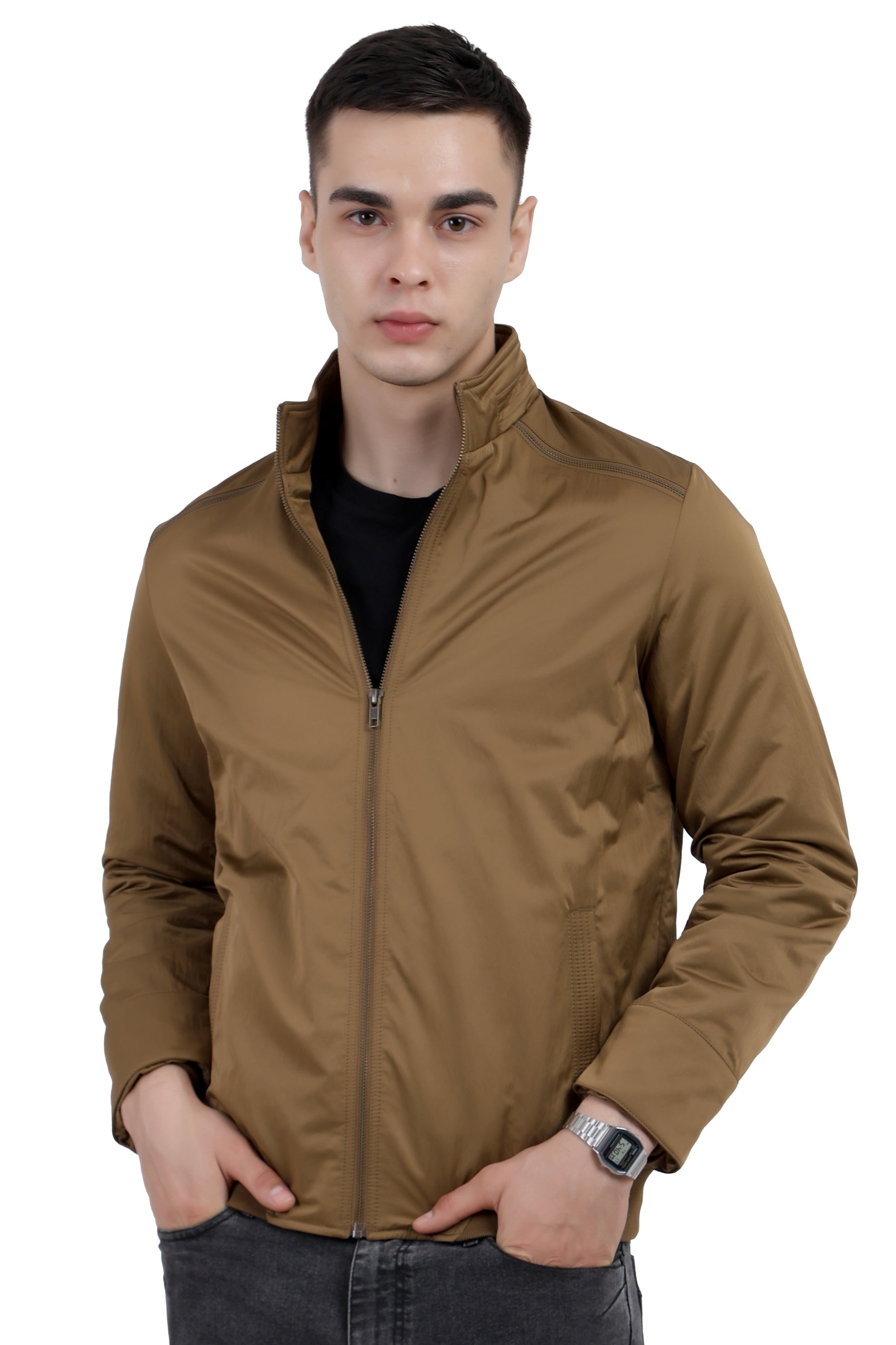 Men's Full Sleeve Biker Jacket in Satin Crush Fabric