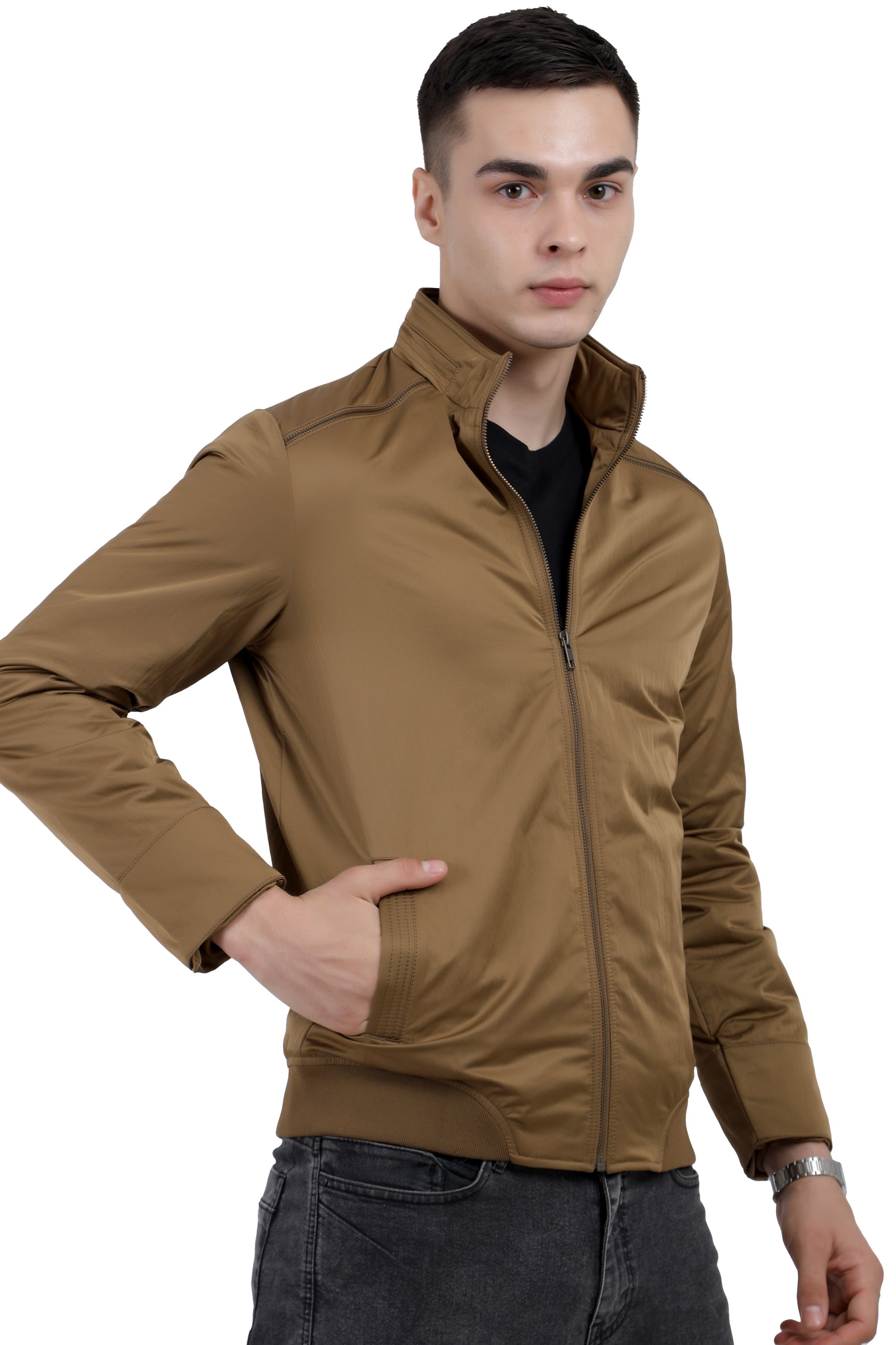 Men's Full Sleeve Biker Jacket in Satin Crush Fabric