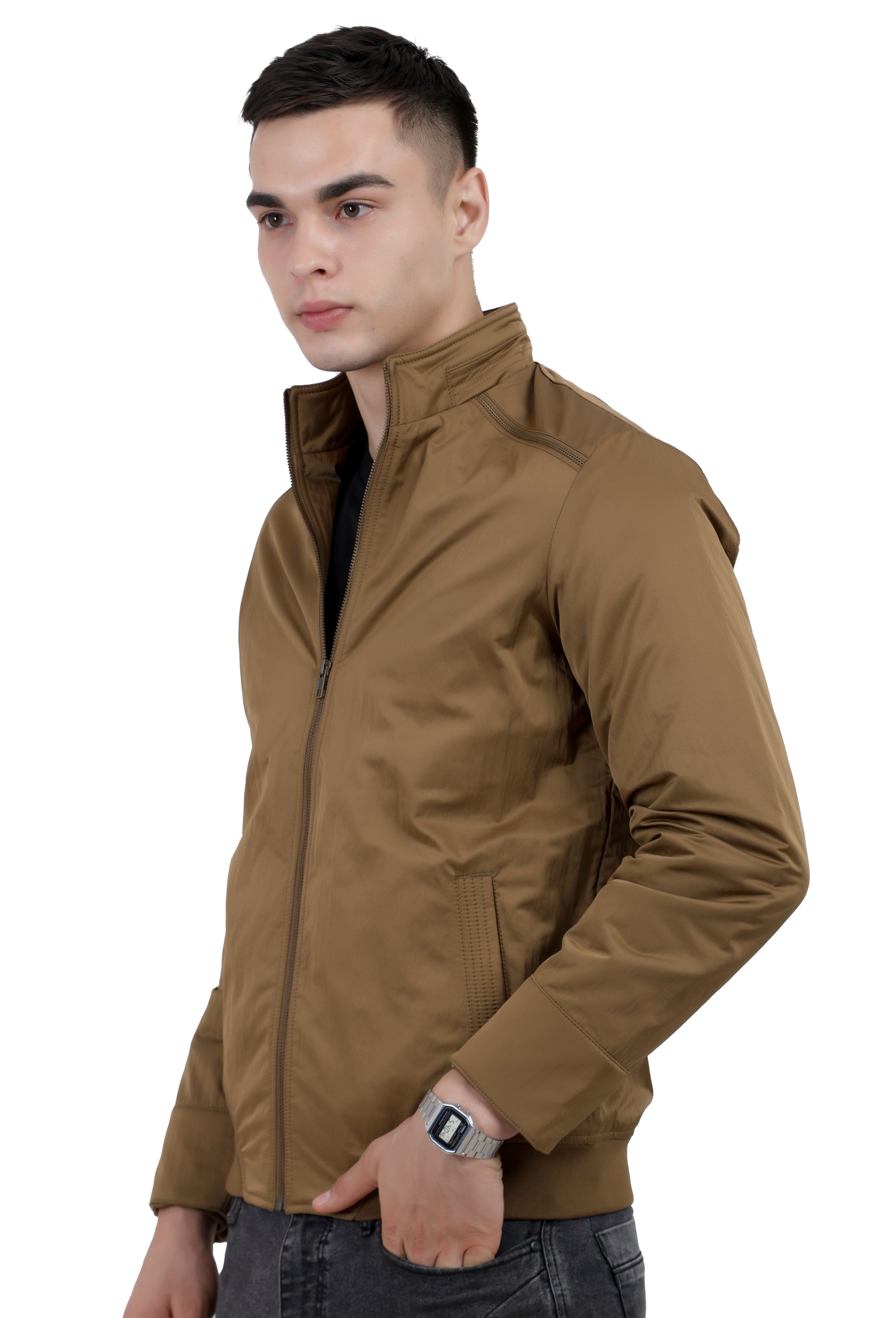 Men's Full Sleeve Biker Jacket in Satin Crush Fabric