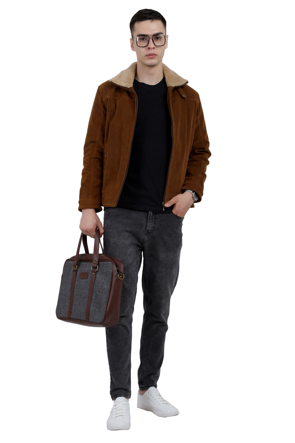 Men's Quilted Jacket in Corduroy Fabric with Sherpa Lining