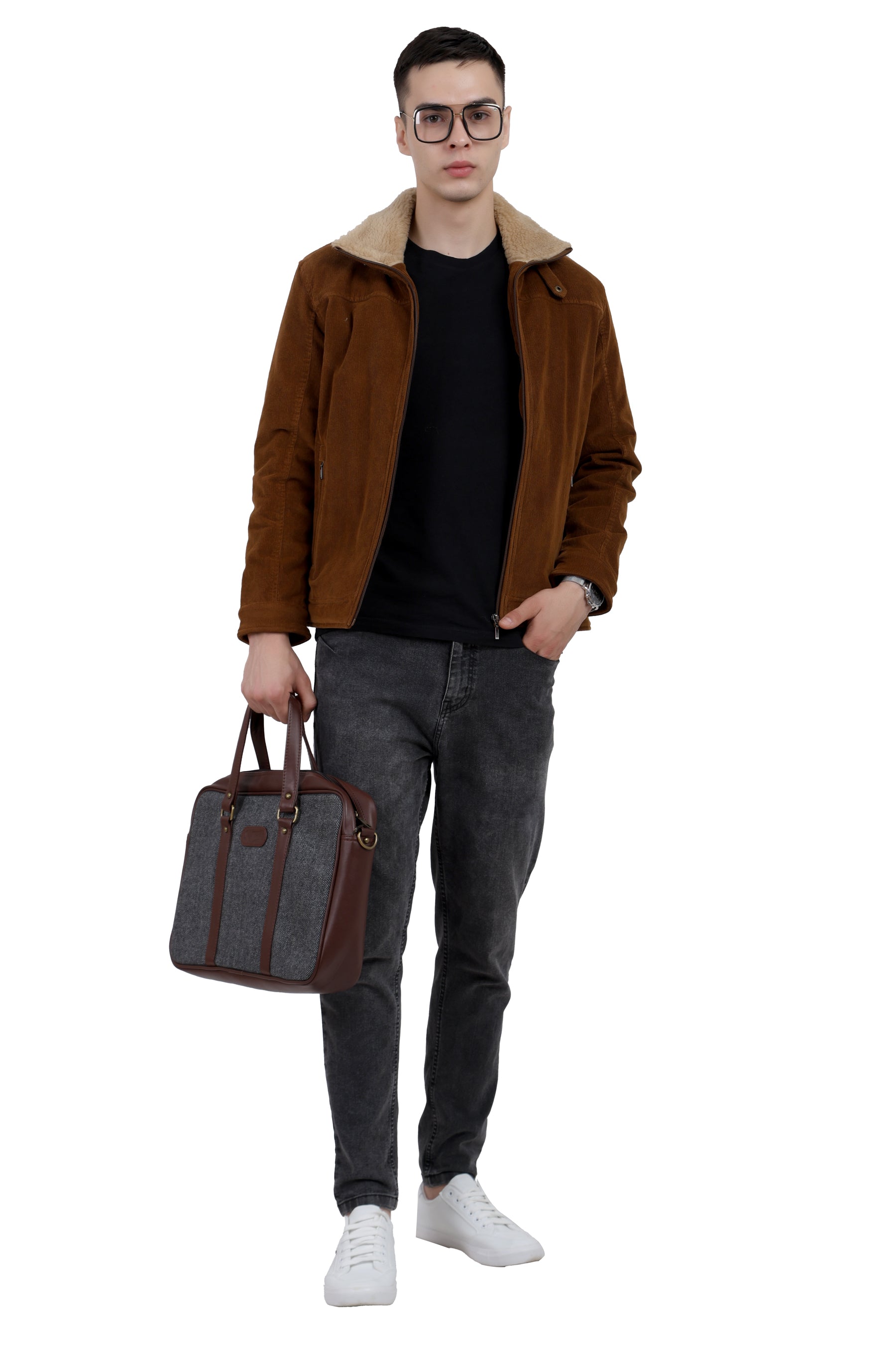 Men's Quilted Jacket in Corduroy Fabric with Sherpa Lining