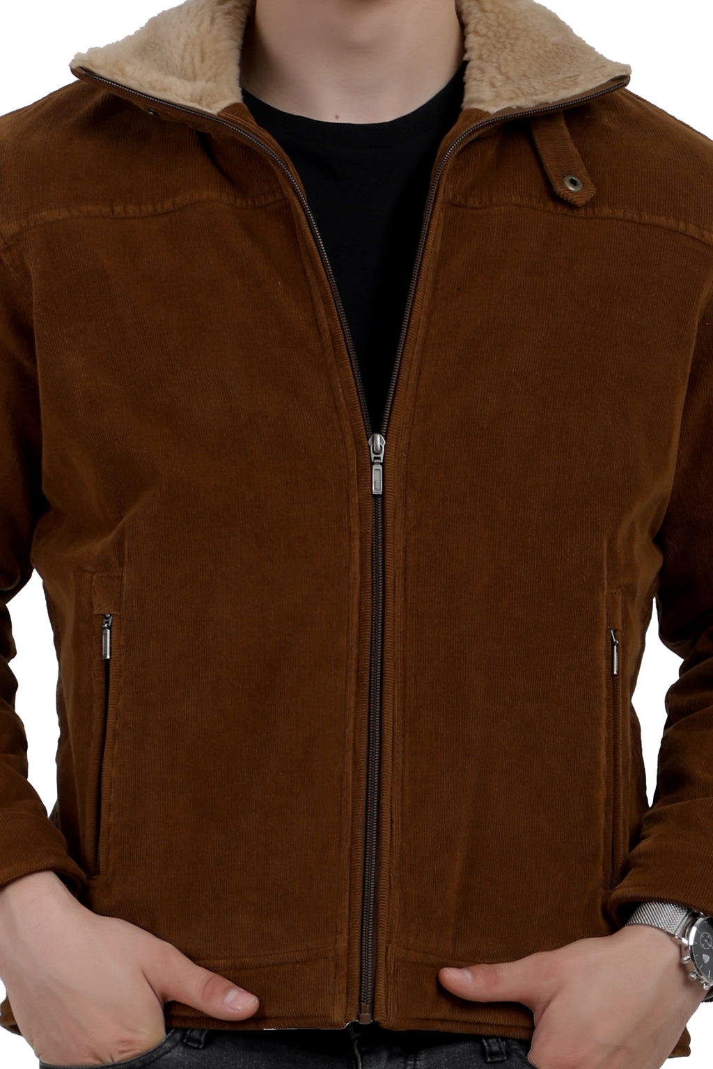 Men's Quilted Jacket in Corduroy Fabric with Sherpa Lining