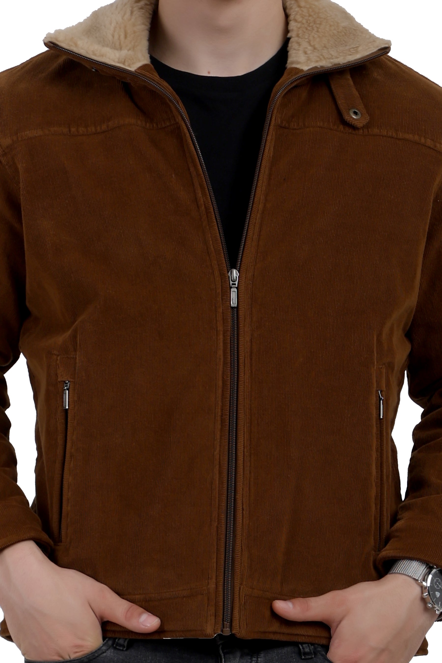 Men's Quilted Jacket in Corduroy Fabric with Sherpa Lining