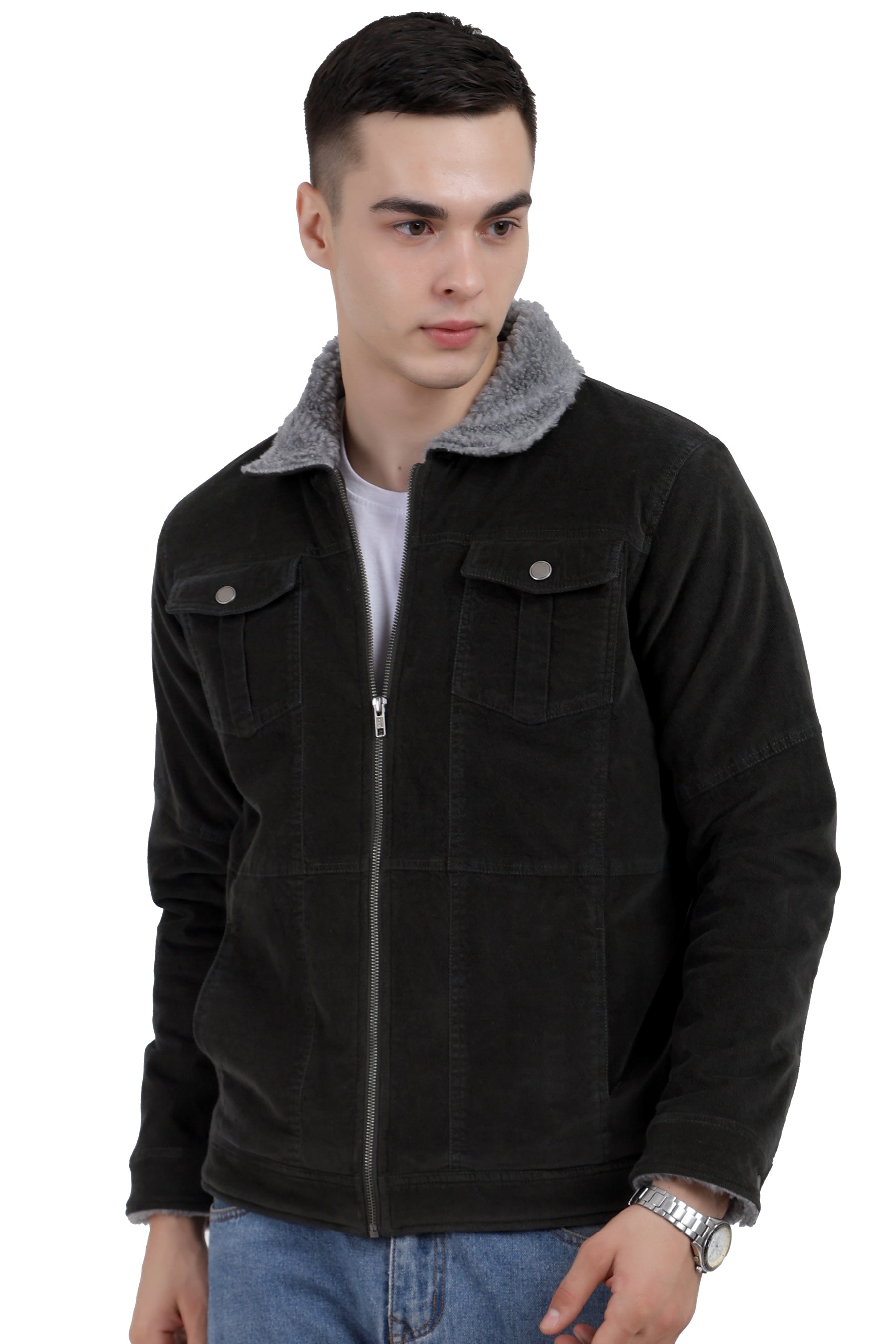 Men's Quilted Jacket in Washed Dobby Cotton Corduroy Fabric