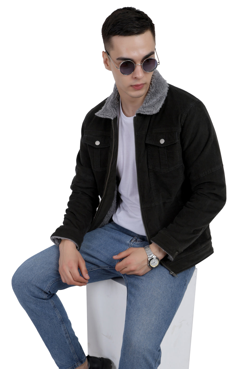 Men's Quilted Jacket in Washed Dobby Cotton Corduroy Fabric