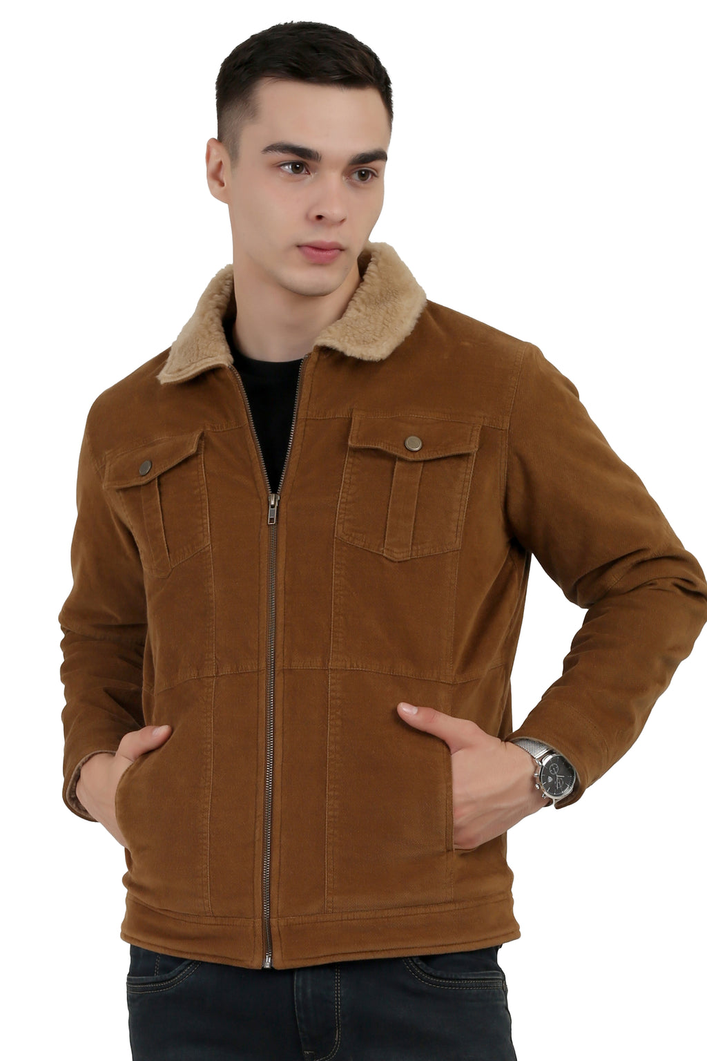 Men's Quilted Jacket in Washed Dobby Cotton Corduroy Fabric