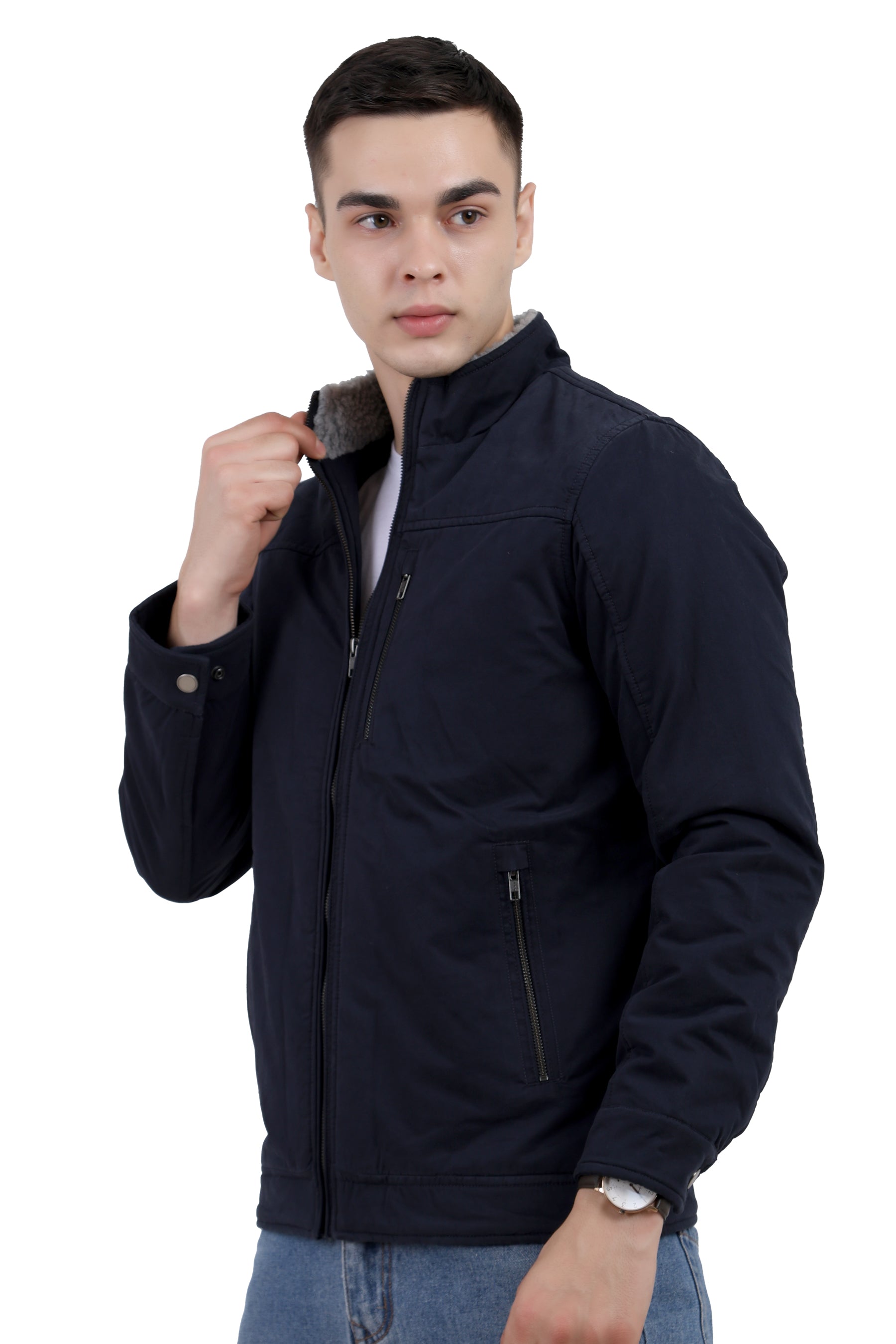 Men's Washed Peached Cotton Jacket with Sherpa Lining