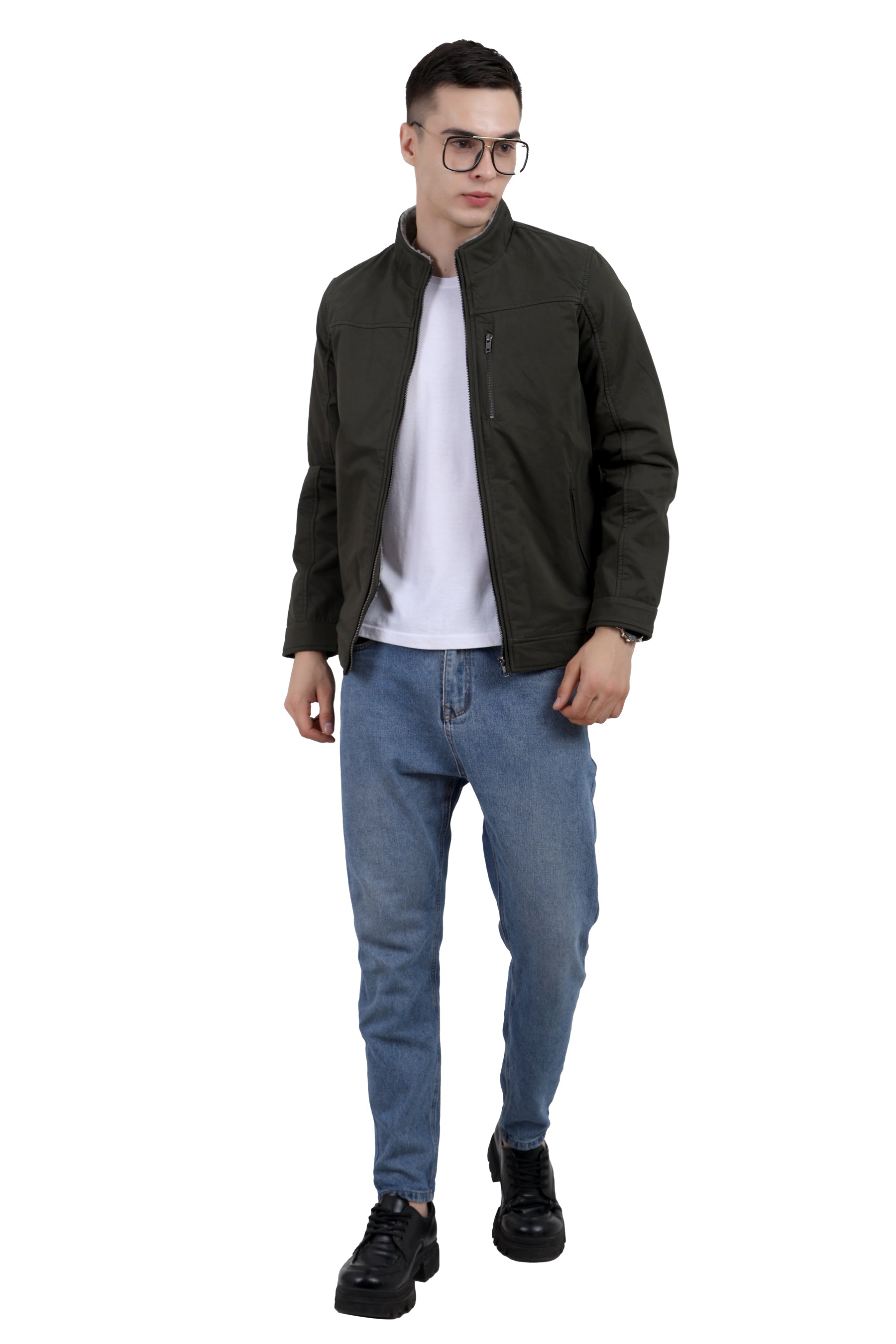 Men's Washed Peached Cotton Jacket with Sherpa Lining