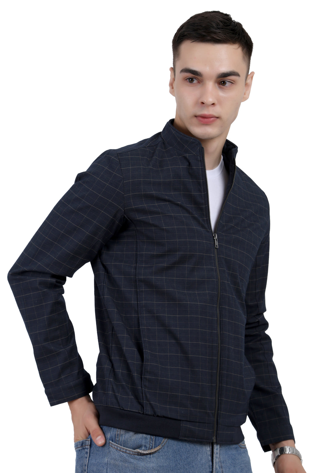 Men's Washed Cotton Check Jacket with Polar Fleece Lining