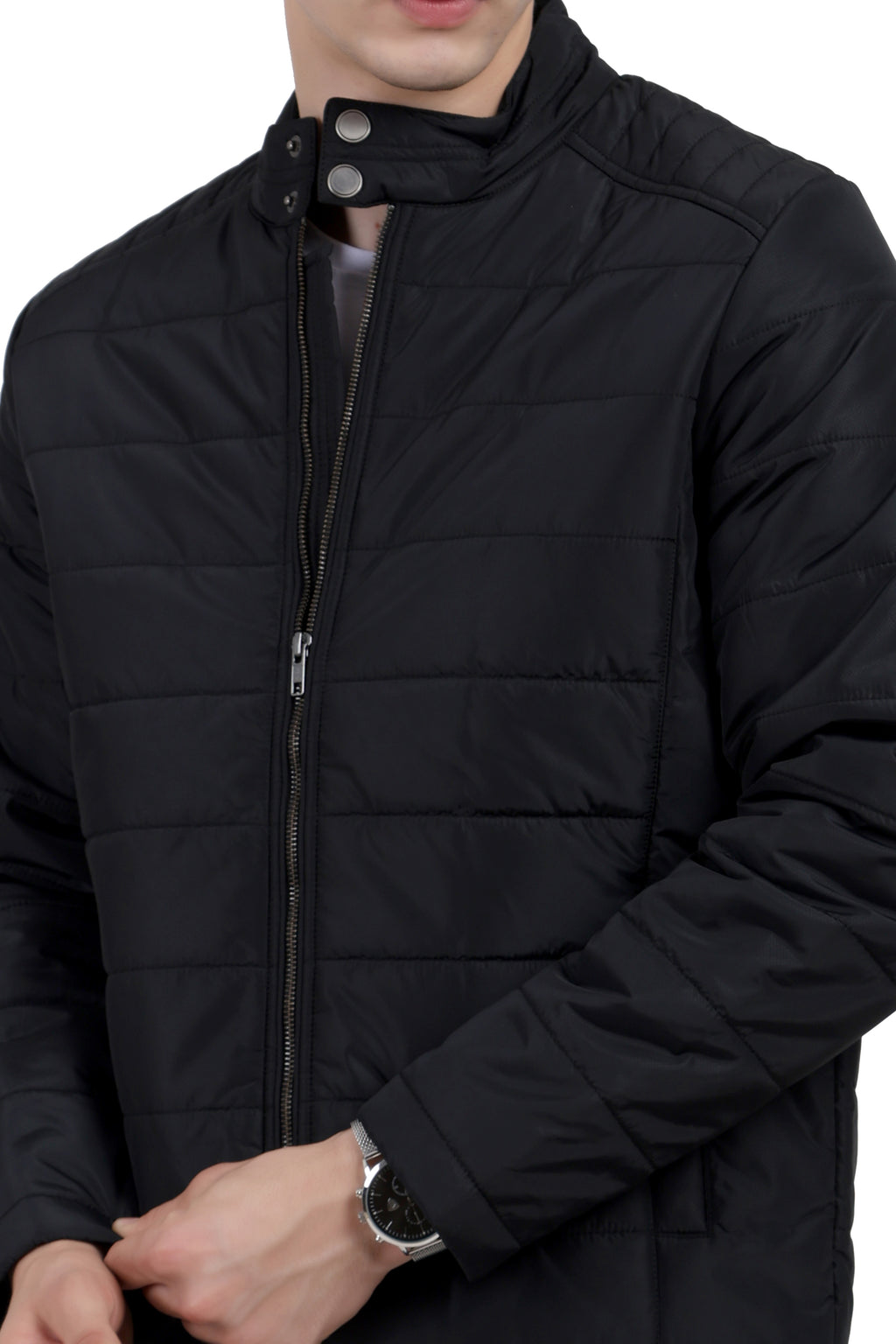 Quilted Biker Jacket in Poly Dobby Fabric