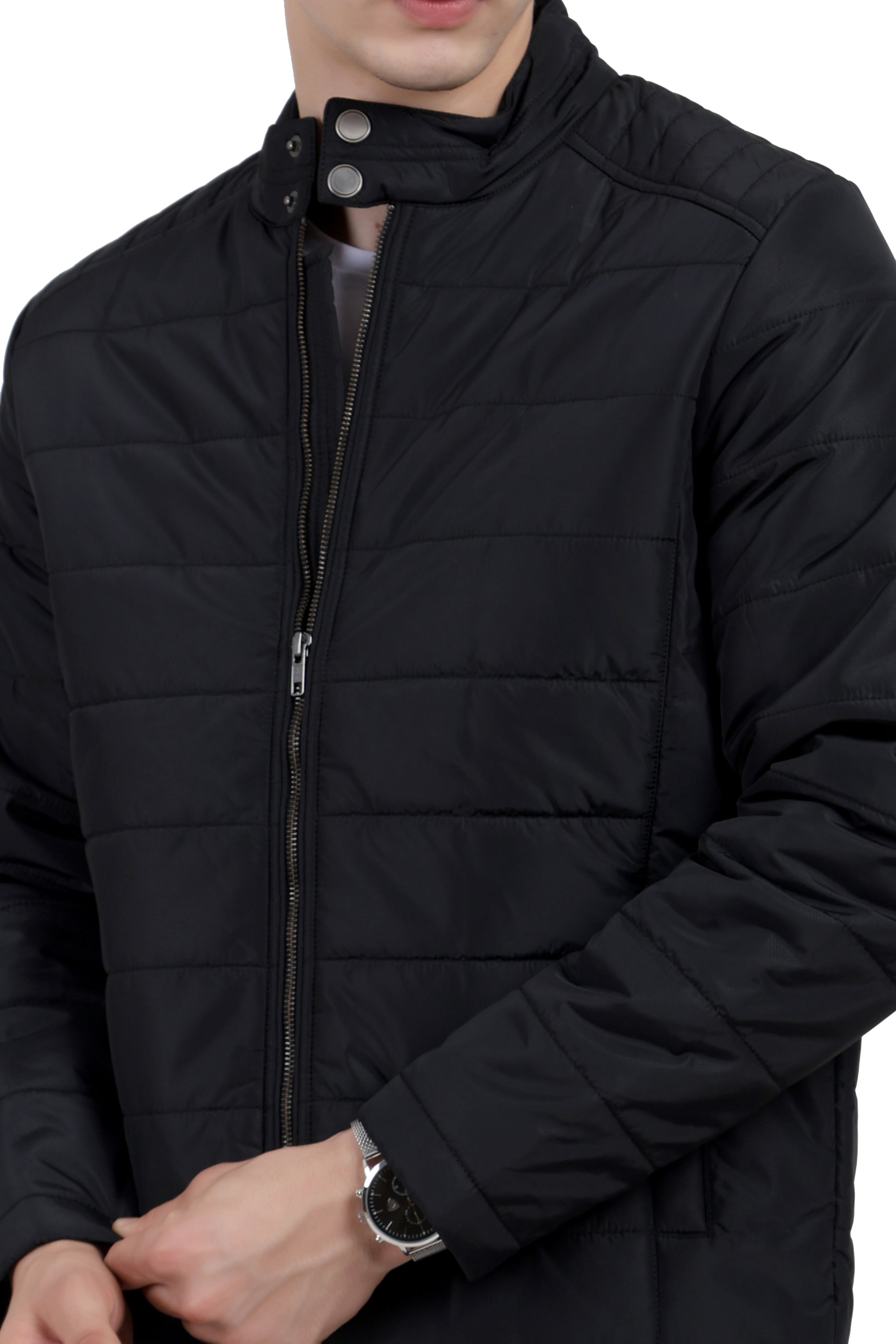 Quilted Biker Jacket in Poly Dobby Fabric
