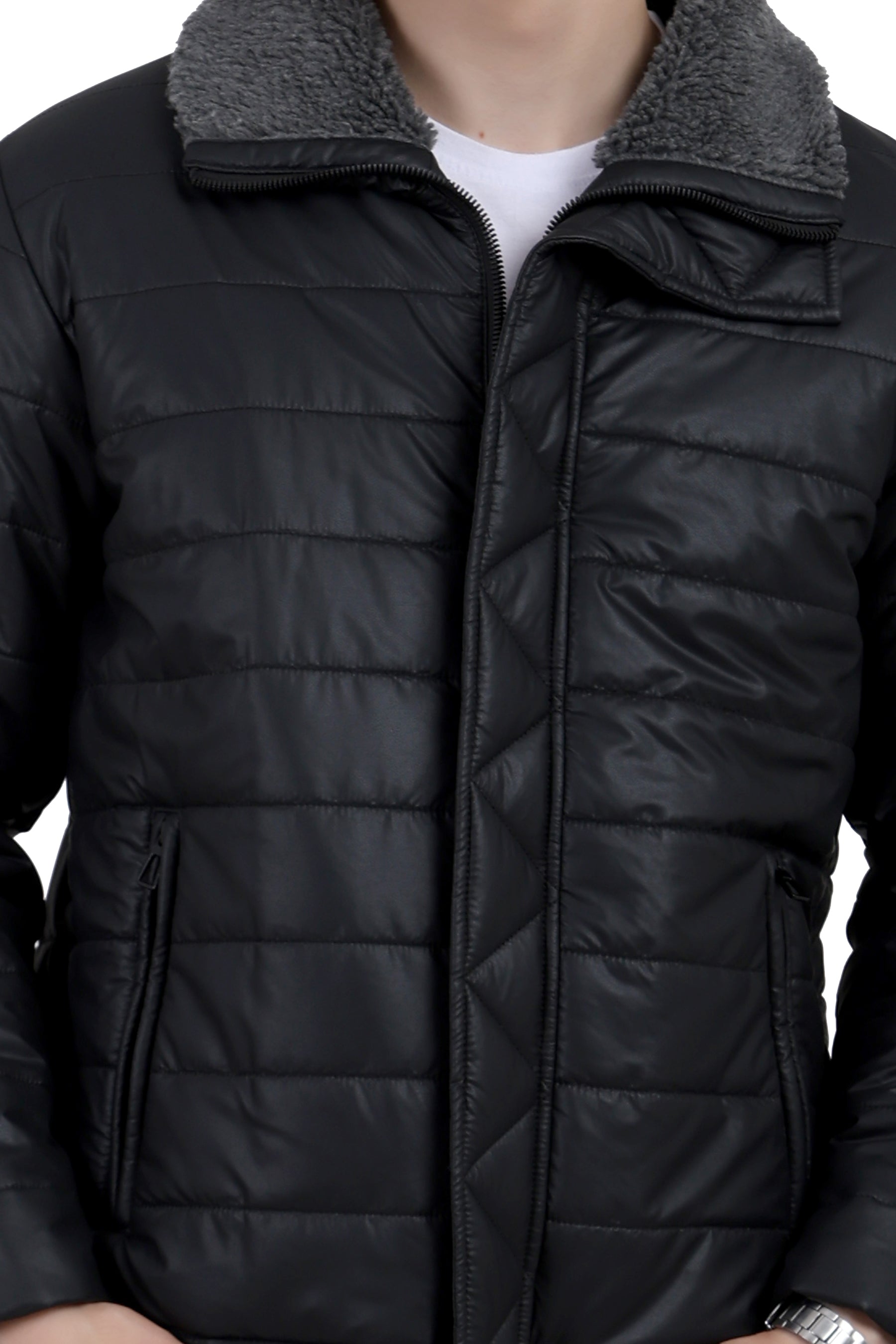 Men's Puffer Jacket in Textured Skin PU Fabric