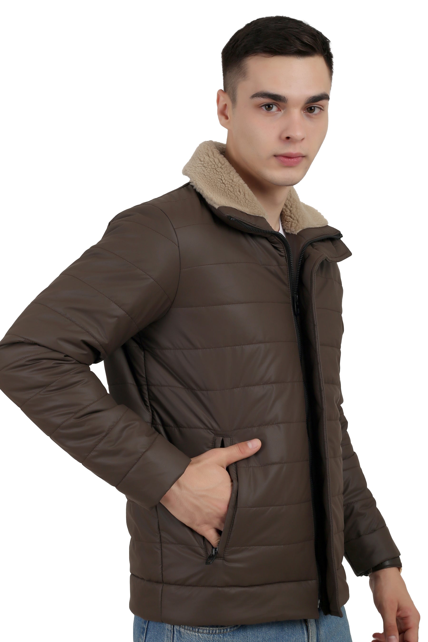 Men's Puffer Jacket in Textured Skin PU Fabric