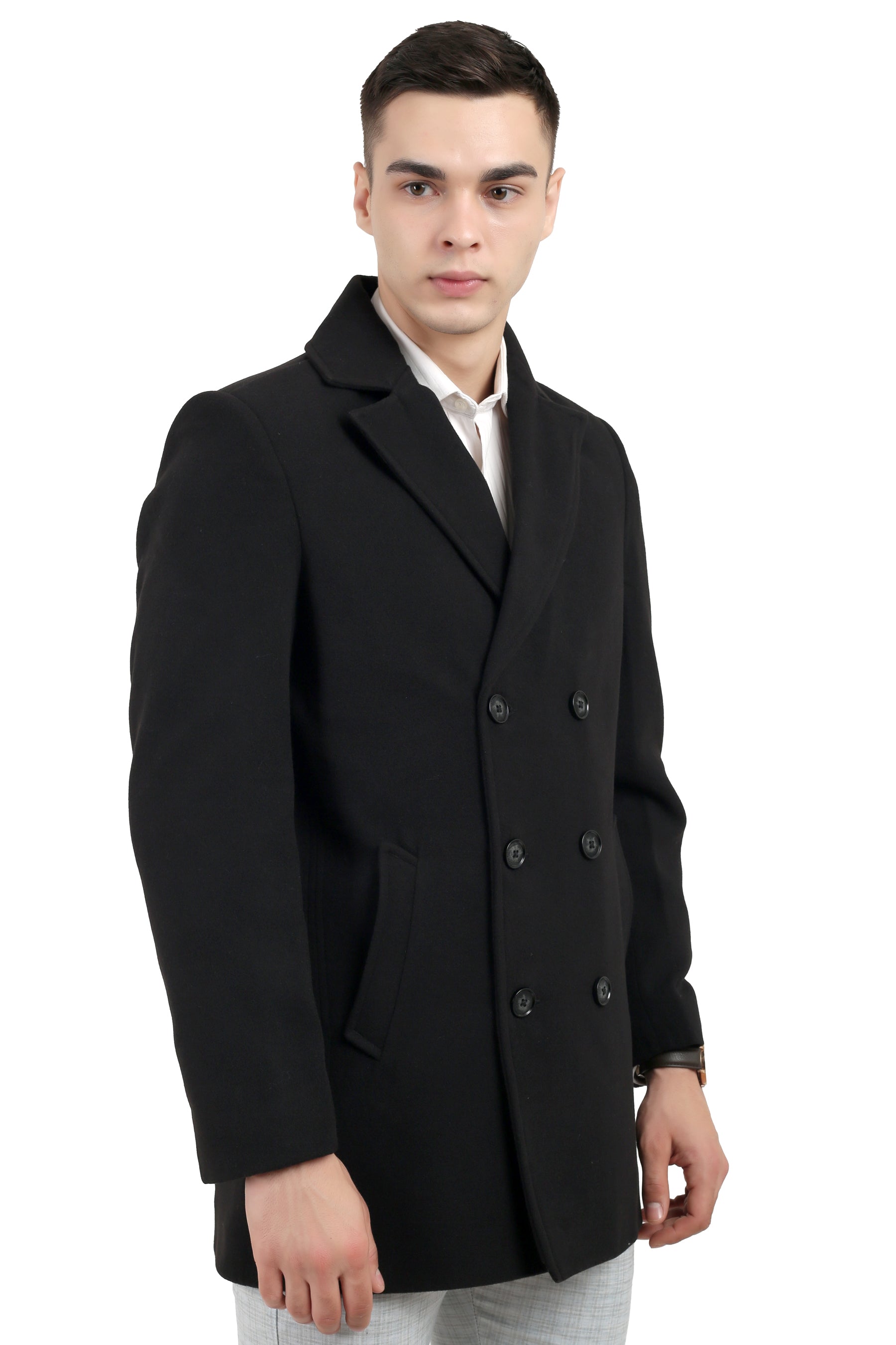 Men's Double Breast Semi Long Coat in Tweed Fabric