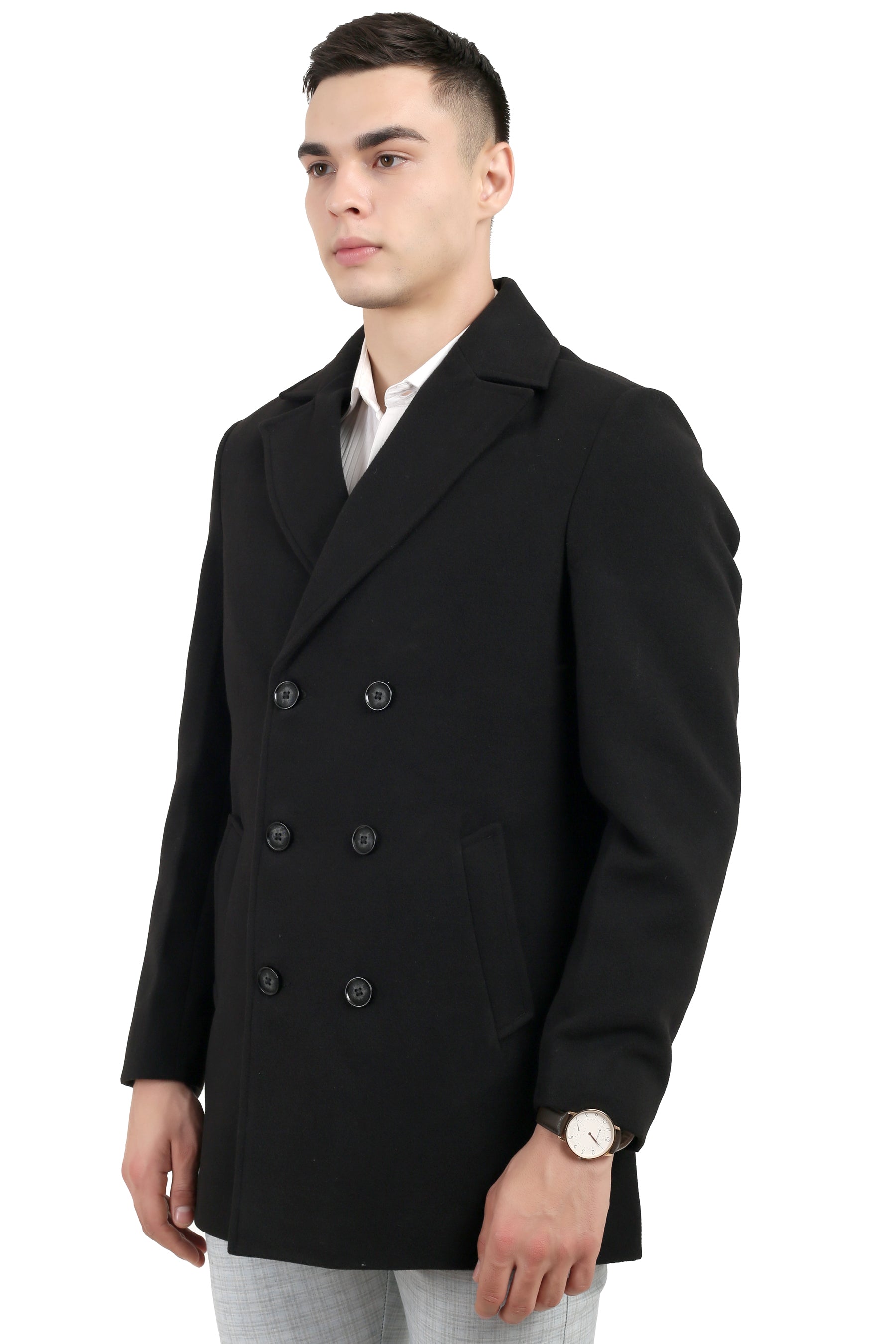Men's Double Breast Semi Long Coat in Tweed Fabric