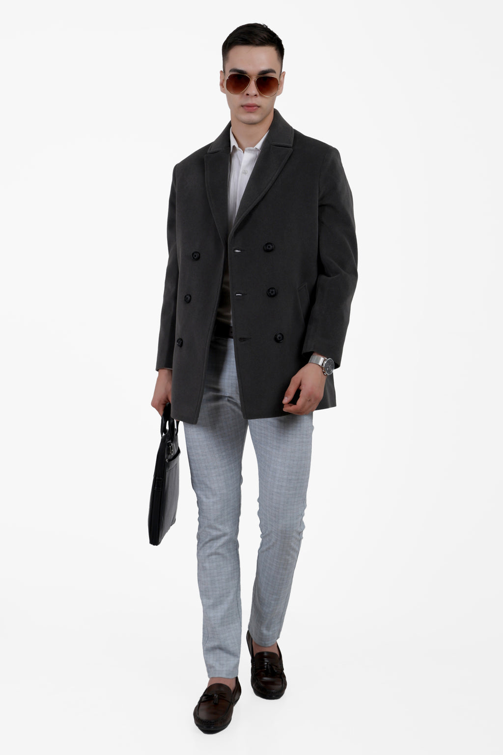Men's Double Breast Semi Long Coat in Bonded Velvet Fabric