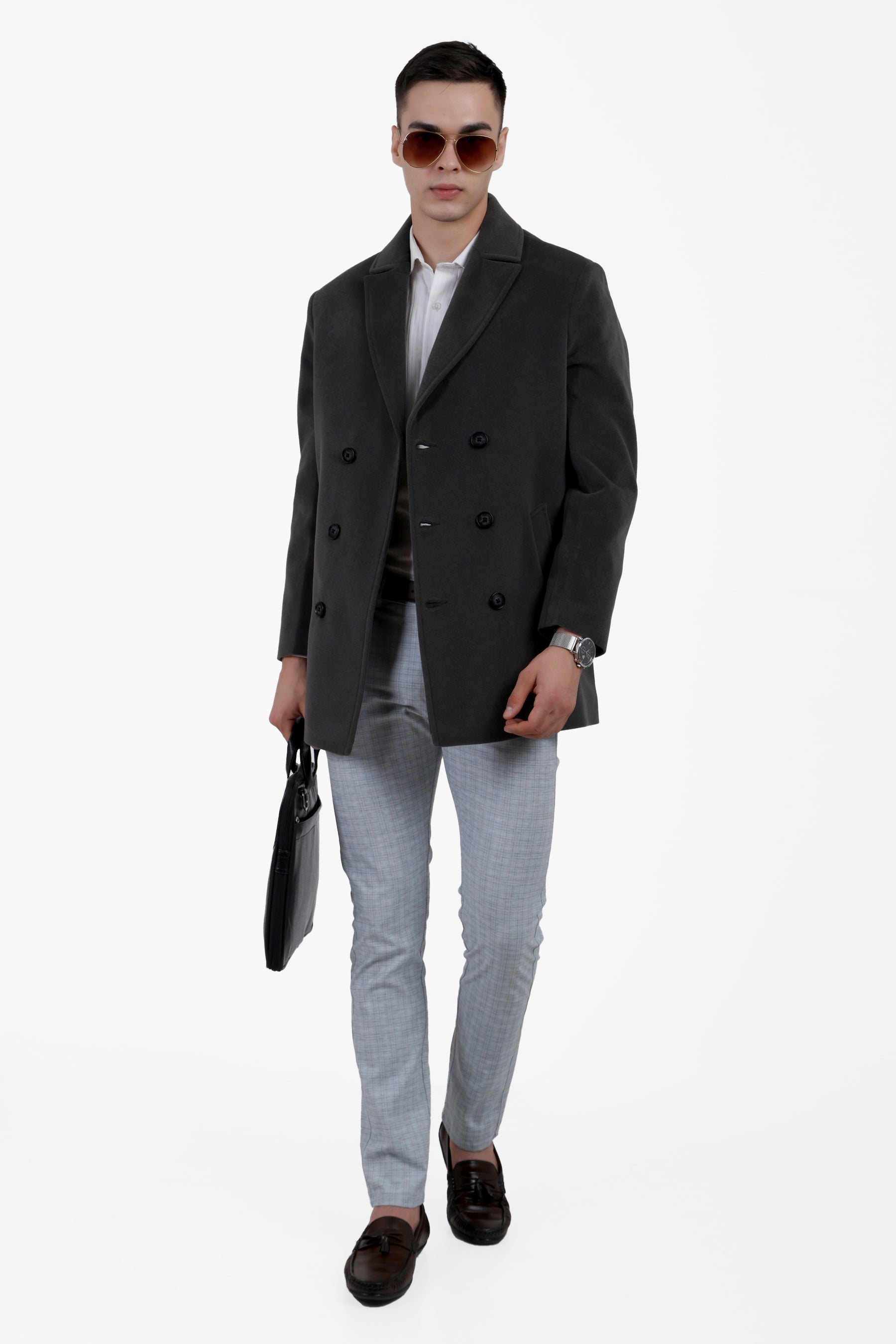 Men's Double Breast Semi Long Coat in Bonded Velvet Fabric