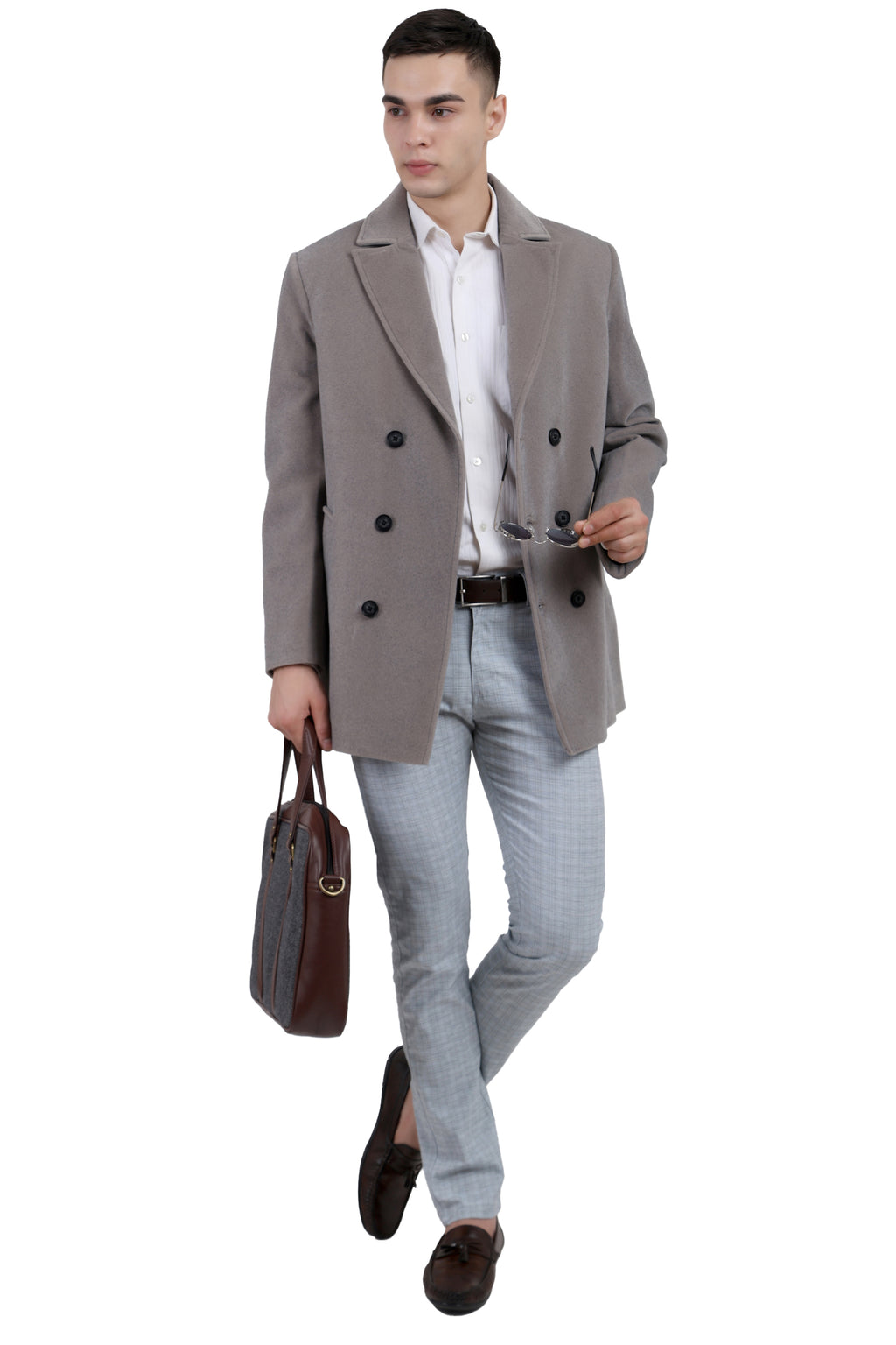 Men's Double Breast Semi Long Coat in Bonded Velvet Fabric