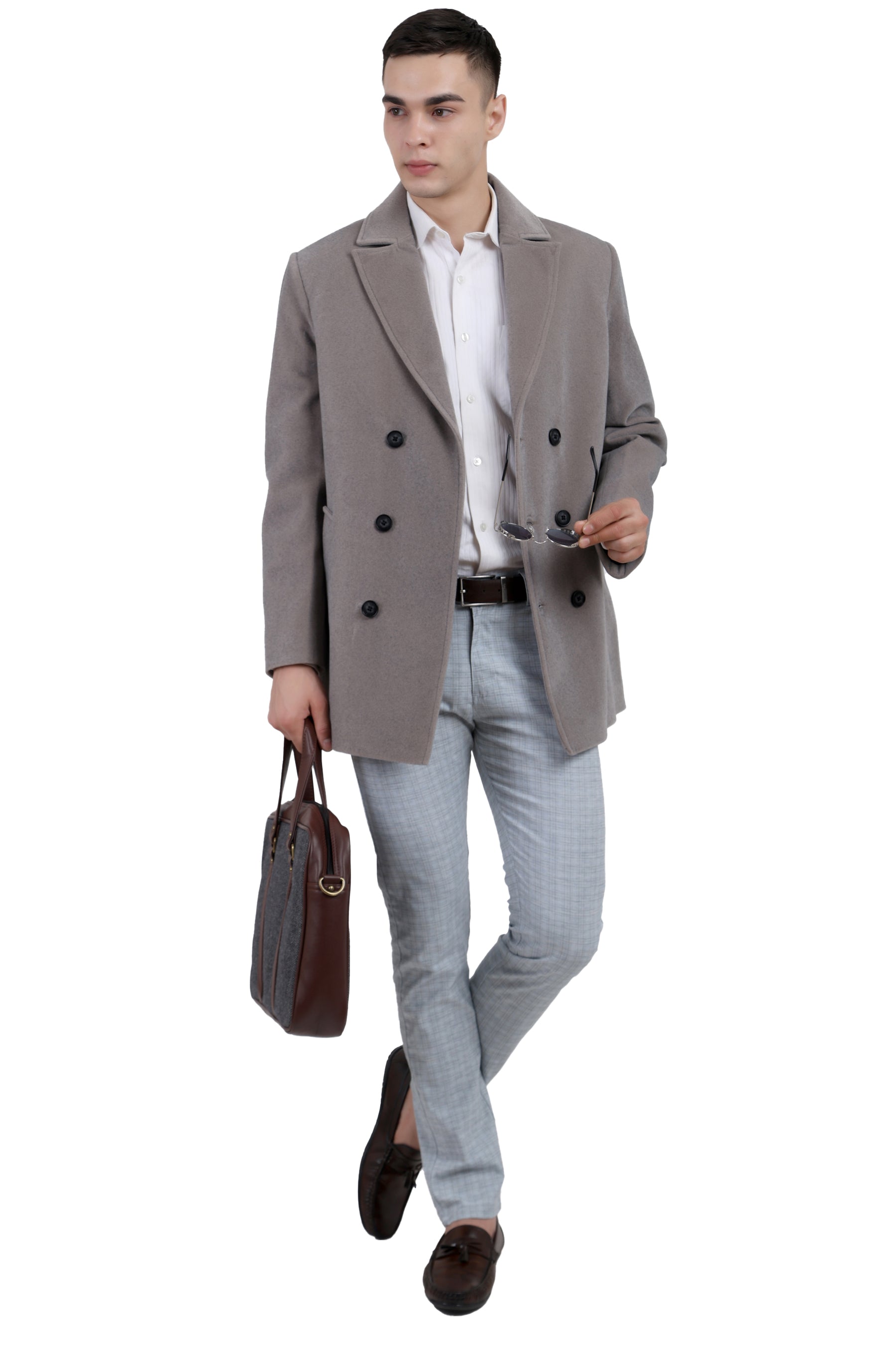 Men's Double Breast Semi Long Coat in Bonded Velvet Fabric