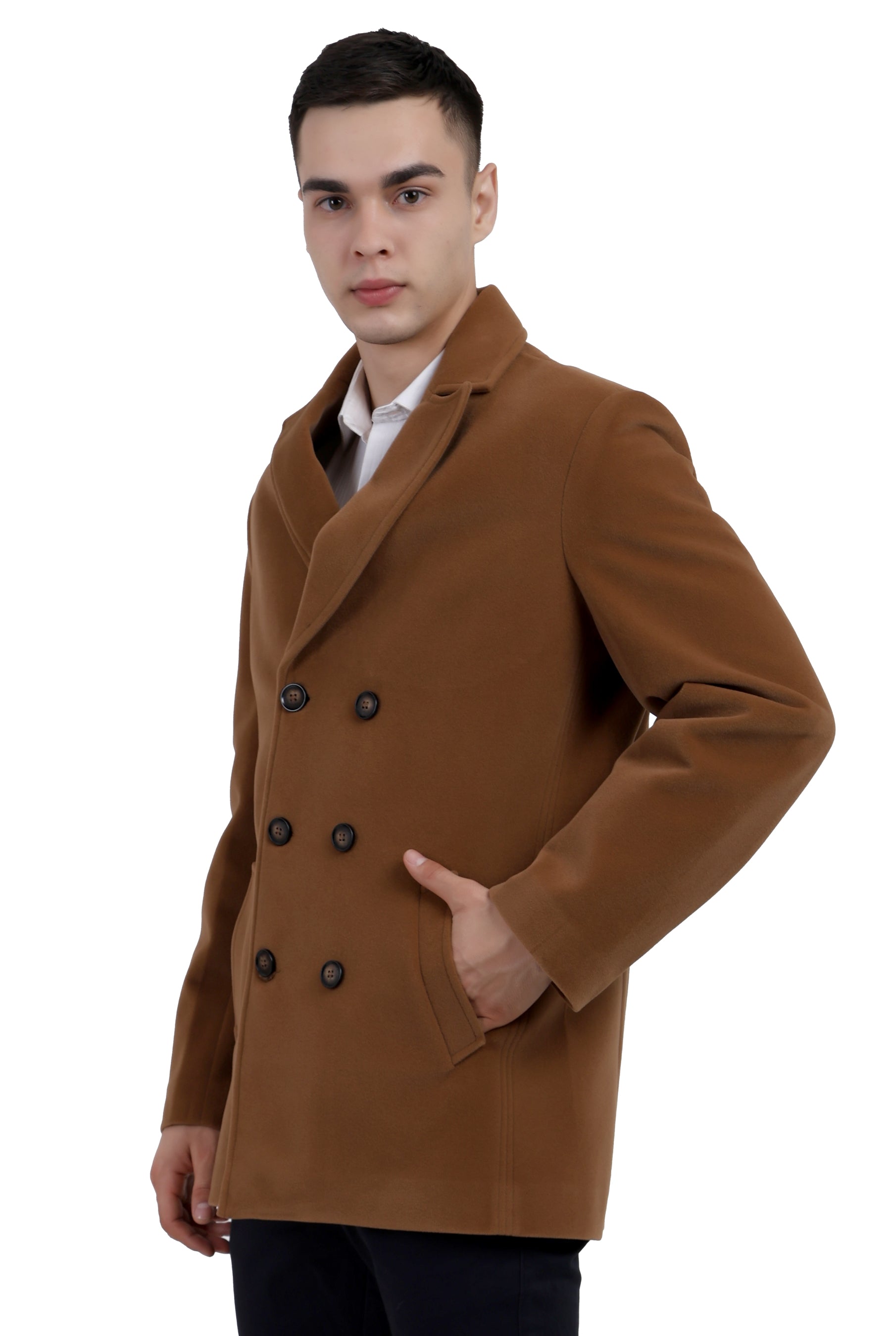 Men's Double Breast Semi Long Coat in Bonded Velvet Fabric