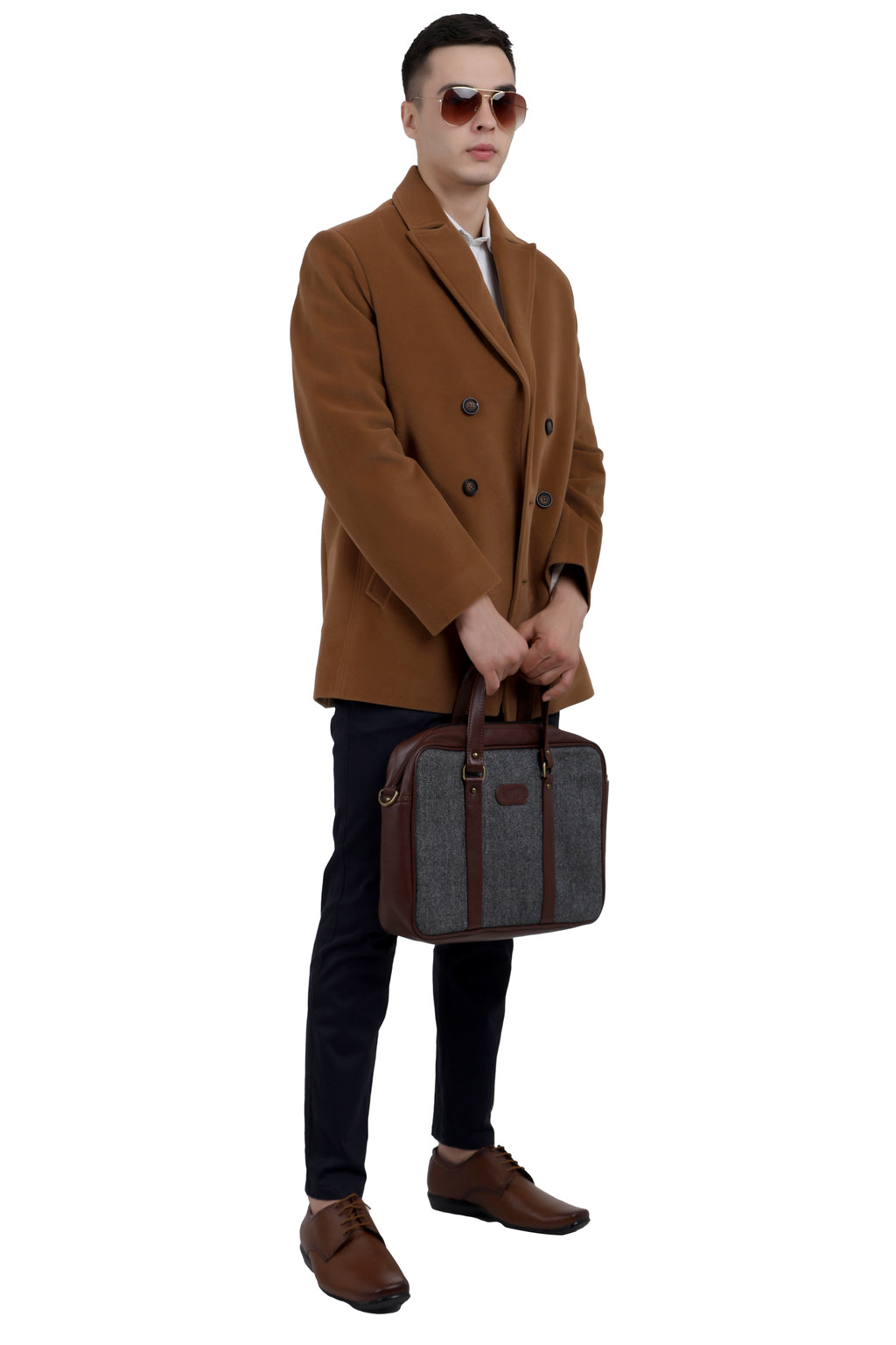 Men's Double Breast Semi Long Coat in Bonded Velvet Fabric