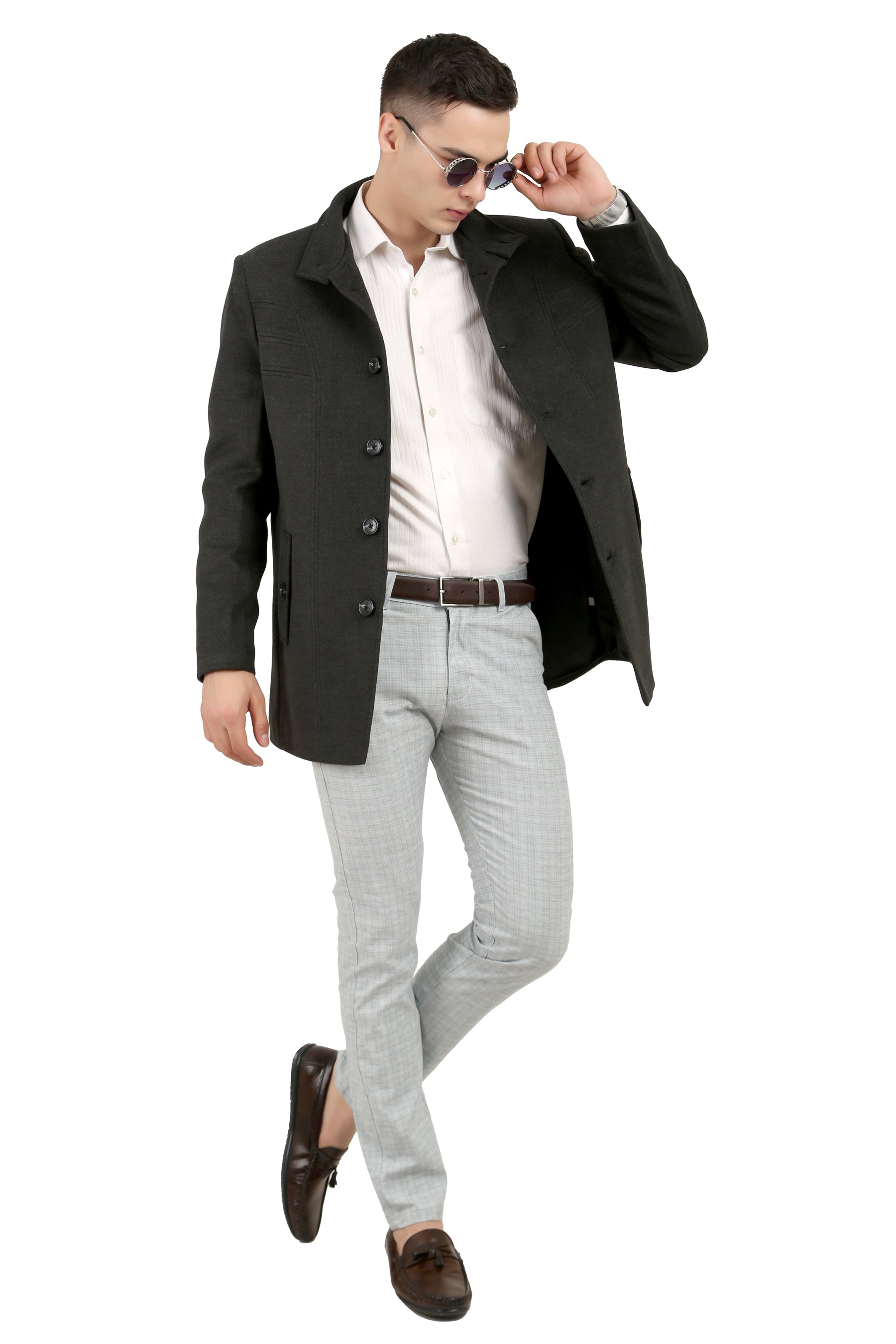 Men's Semi Long Coat in Tweed Fabric