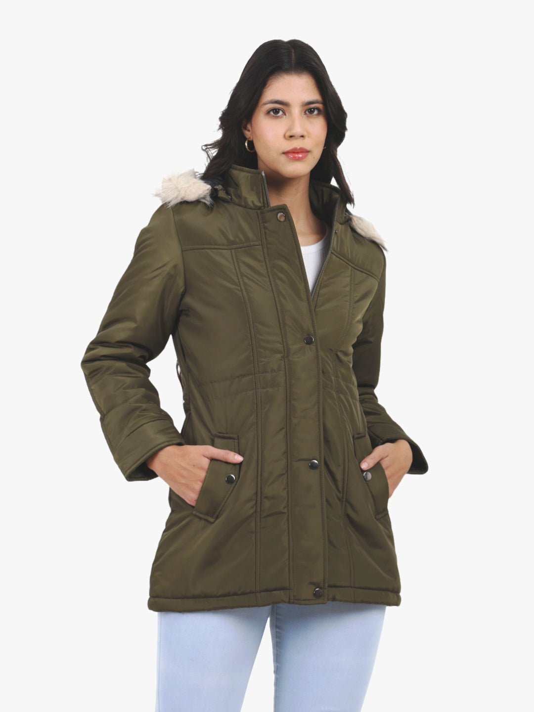 Women's Quilted Jacket in Poly Canvas Fabric with Removable Hood
