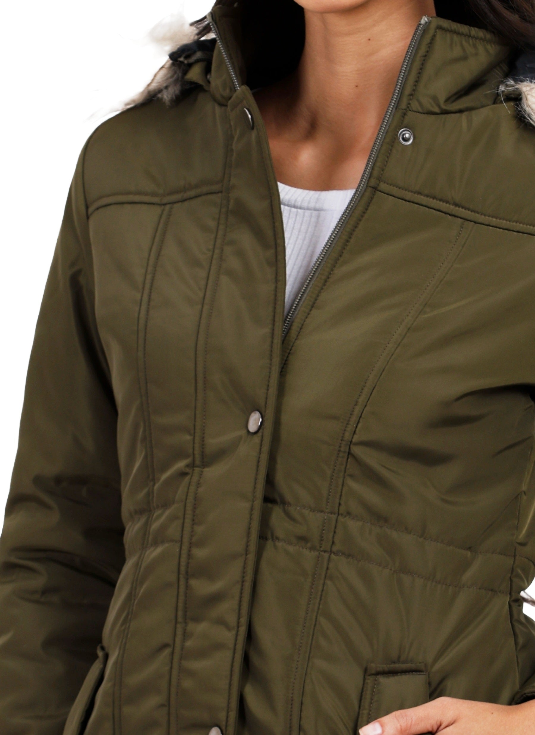 Women's Quilted Jacket in Poly Canvas Fabric with Removable Hood