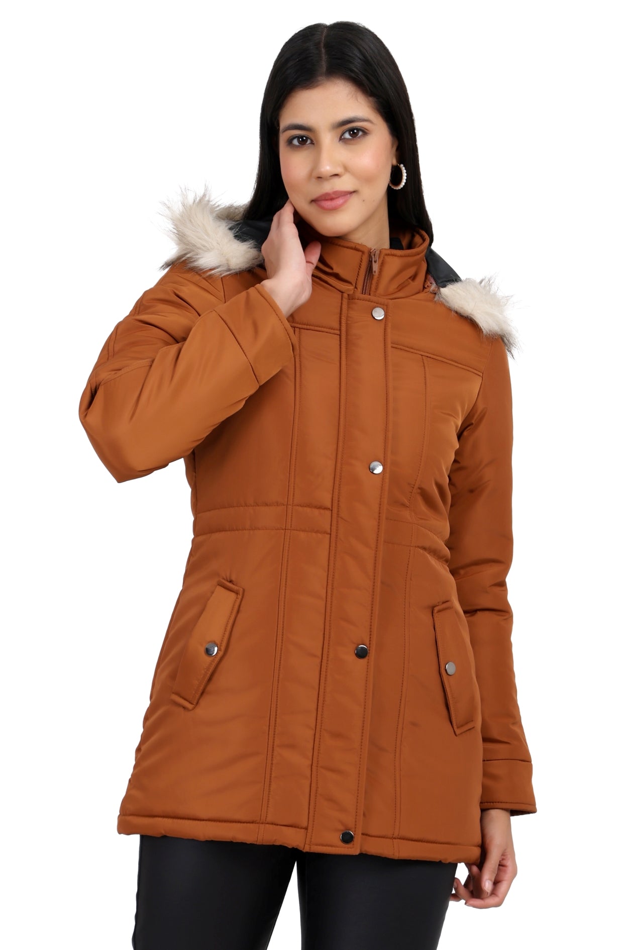 Women's Quilted Jacket in Poly Canvas Fabric with Removable Hood