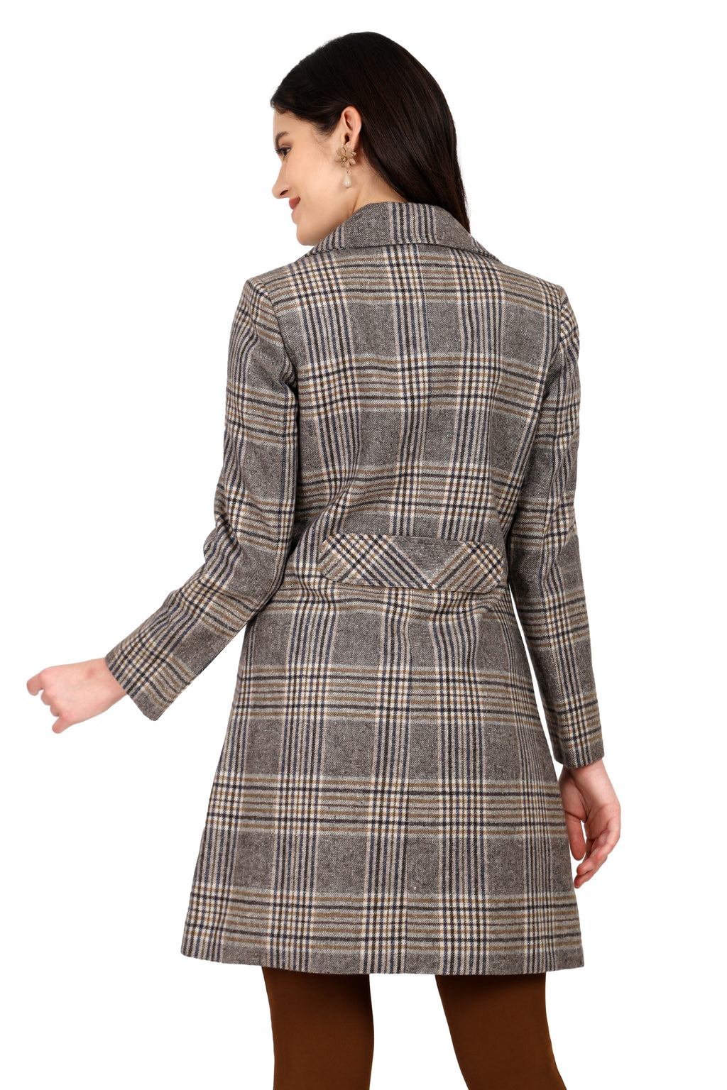 Women's Double Breasted Long Coat in Woolen Tweed Fabric