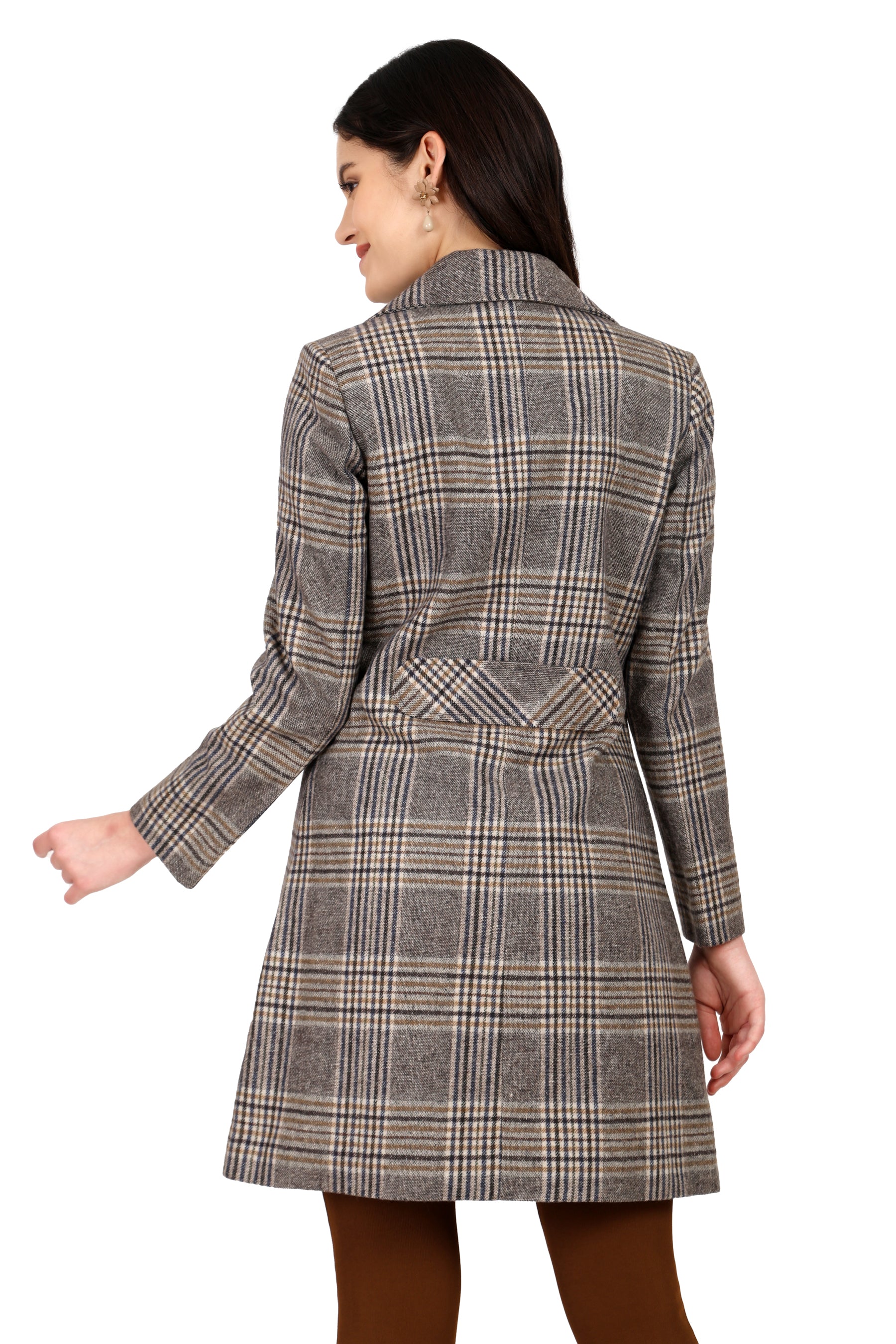 Women's Double Breasted Long Coat in Woolen Tweed Fabric
