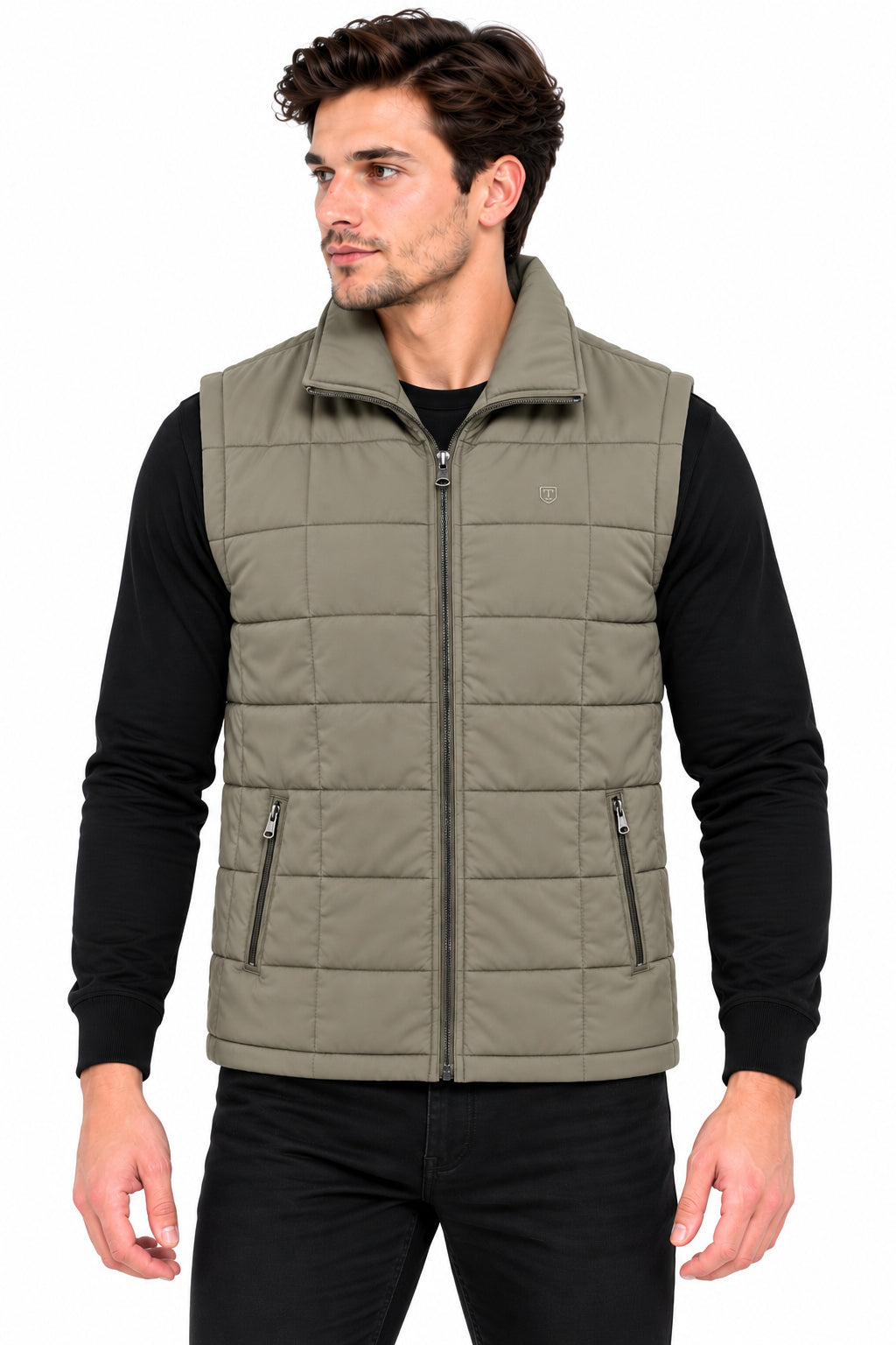 Men’s Quilted Jacket with Folding Collar & Zippered Pockets