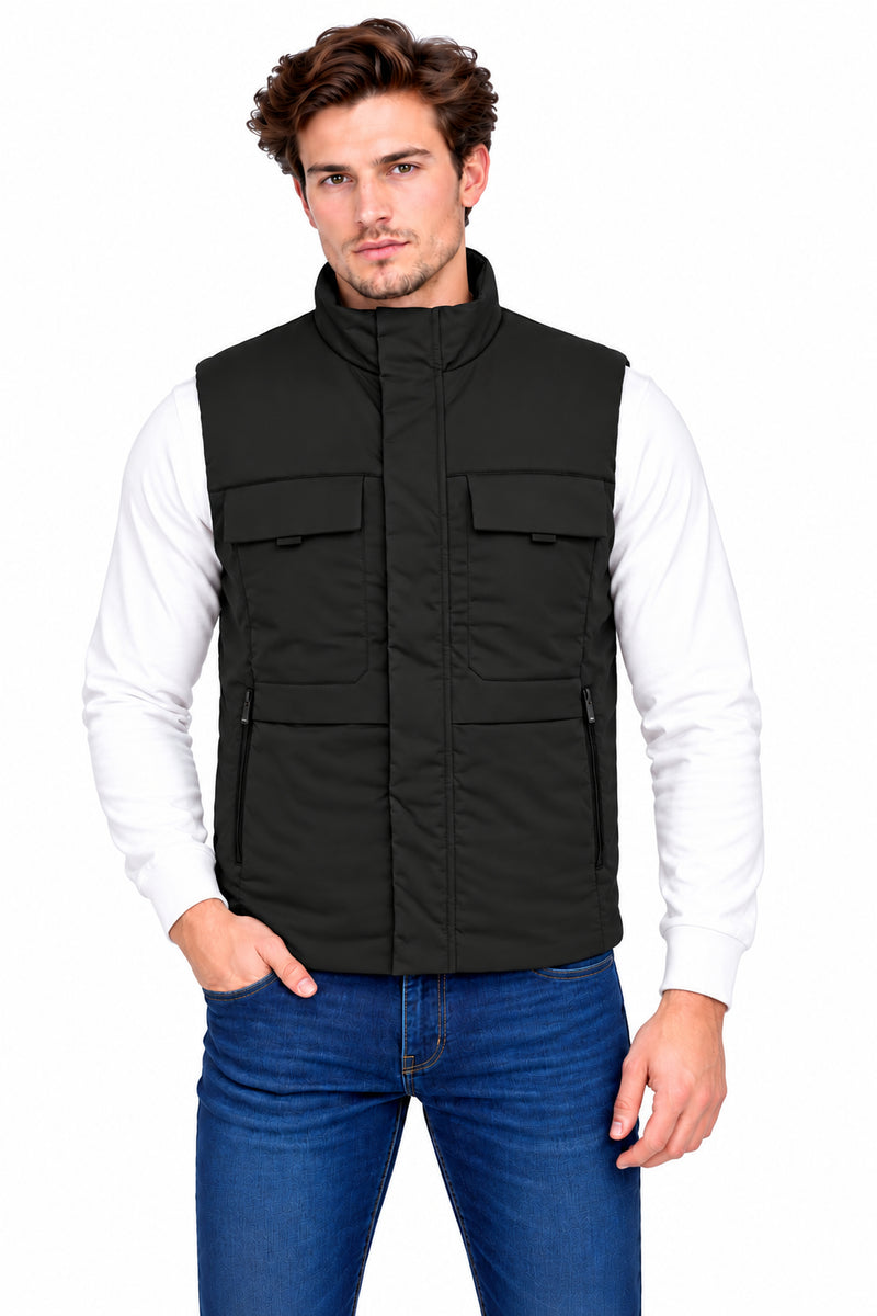 Men’s Quilted Poly Twill Sleeveless Jacket with 4 Utility Pockets & Stand Collar