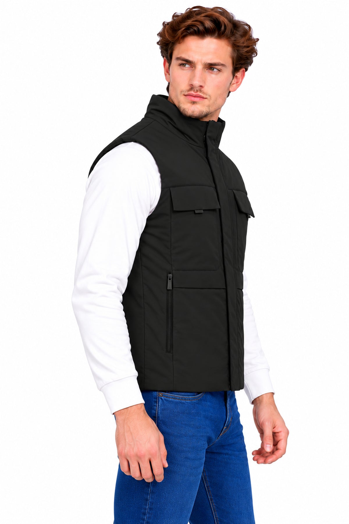 Men’s Quilted Poly Twill Sleeveless Jacket with 4 Utility Pockets & Stand Collar