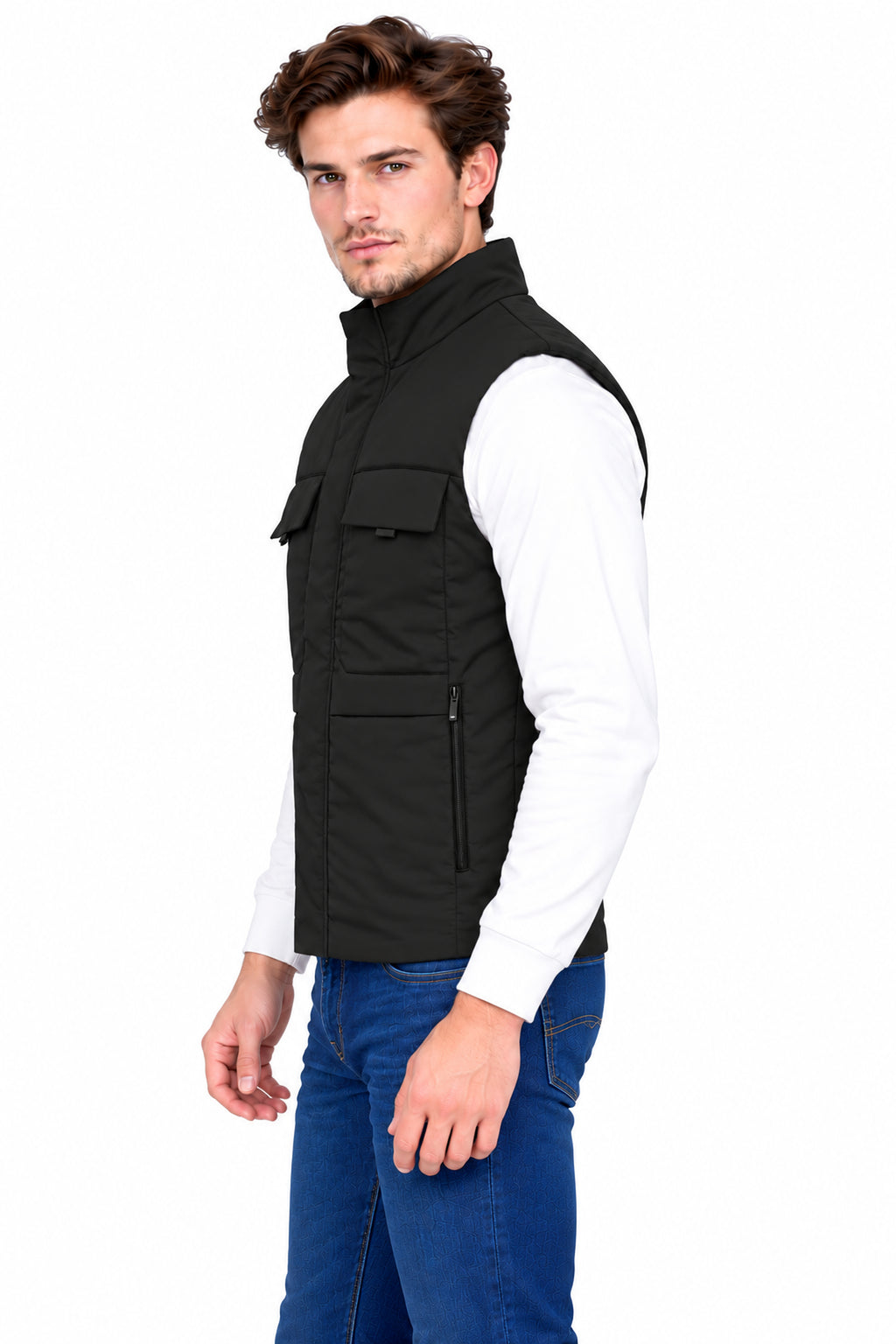 Men’s Quilted Poly Twill Sleeveless Jacket with 4 Utility Pockets & Stand Collar