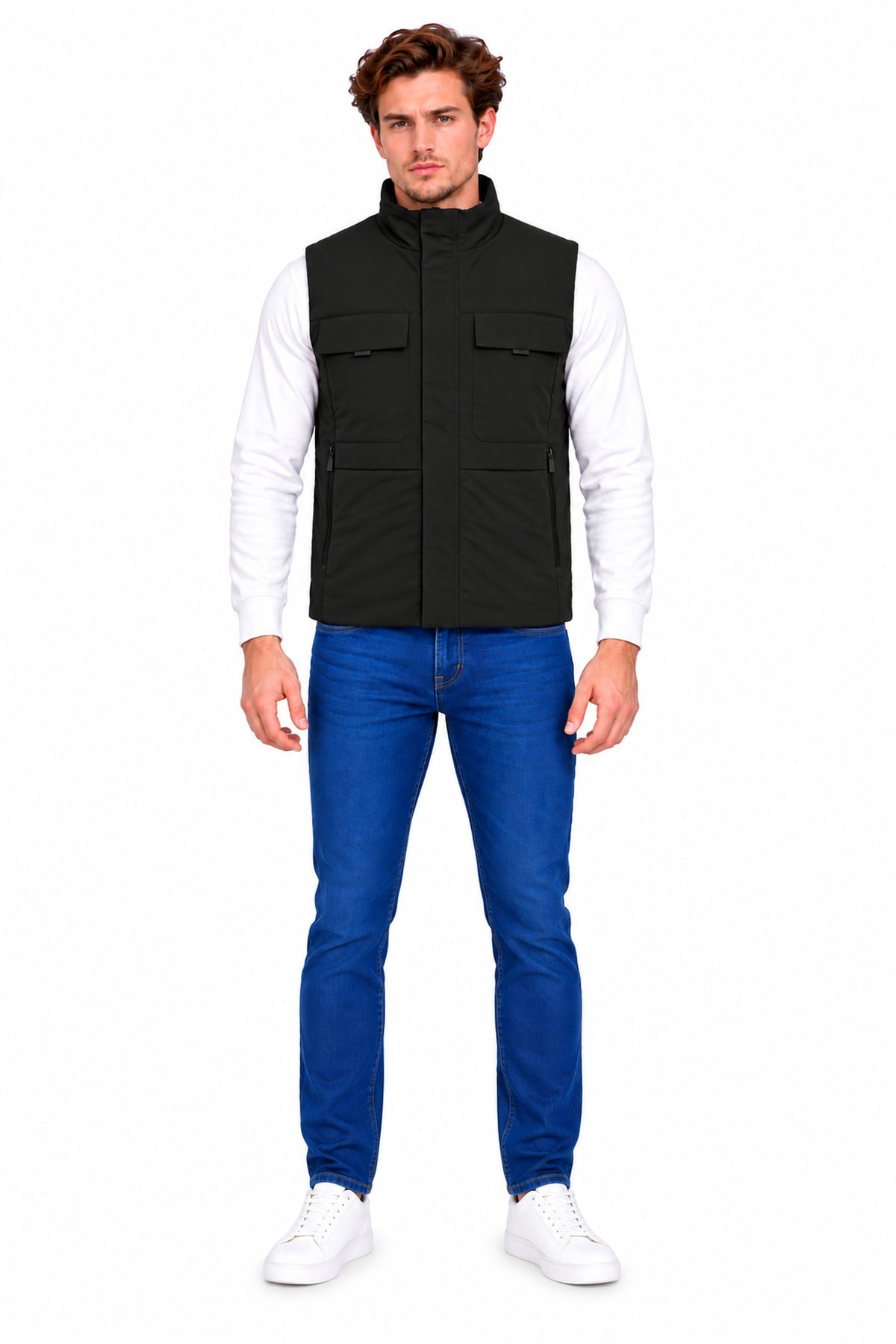 Men’s Quilted Poly Twill Sleeveless Jacket with 4 Utility Pockets & Stand Collar