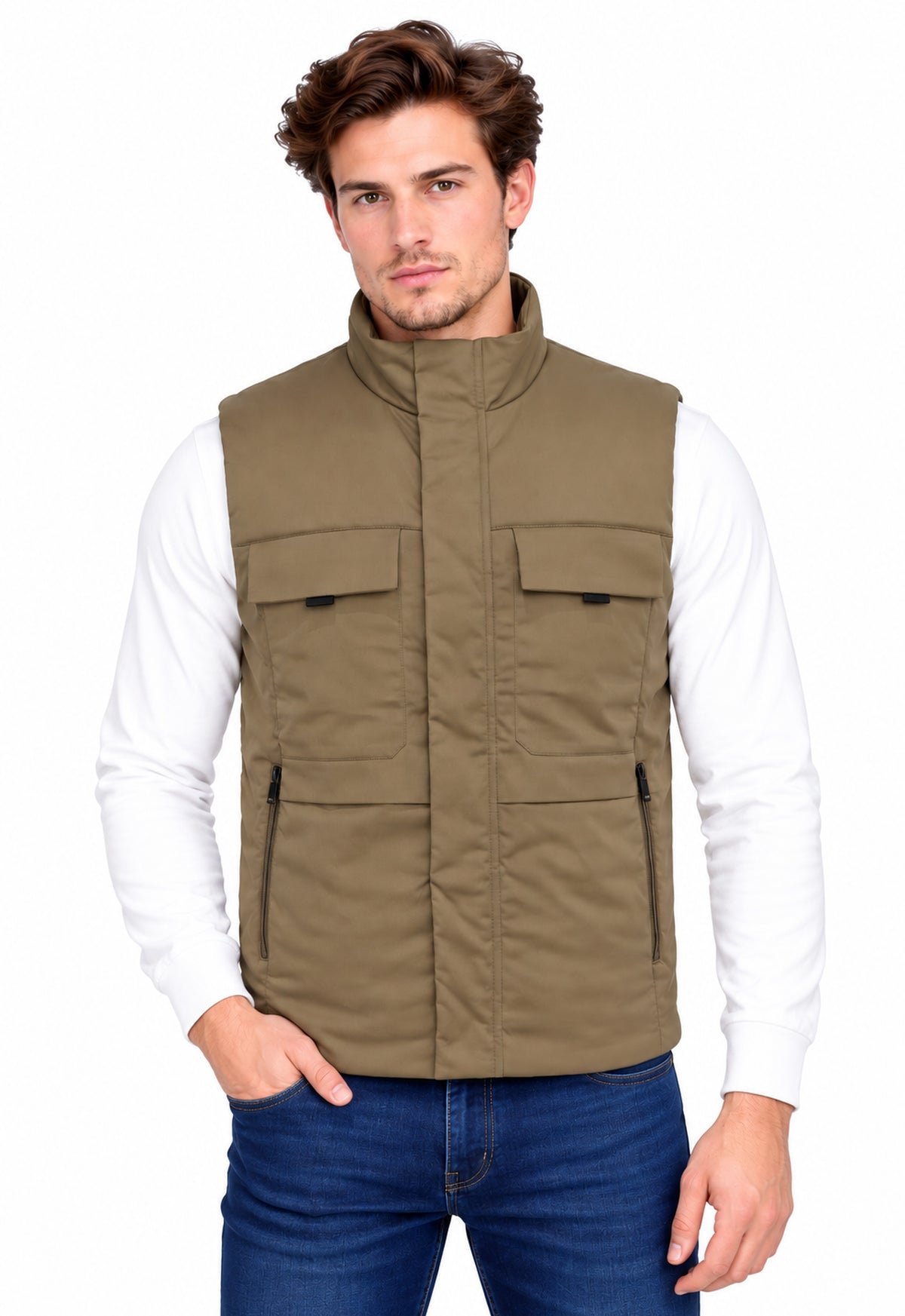 Men’s Quilted Poly Twill Sleeveless Jacket with 4 Utility Pockets & Stand Collar