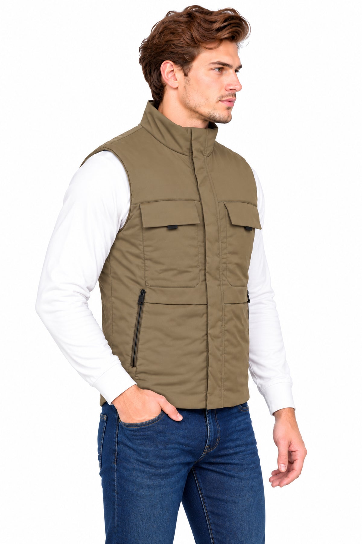 Men’s Quilted Poly Twill Sleeveless Jacket with 4 Utility Pockets & Stand Collar