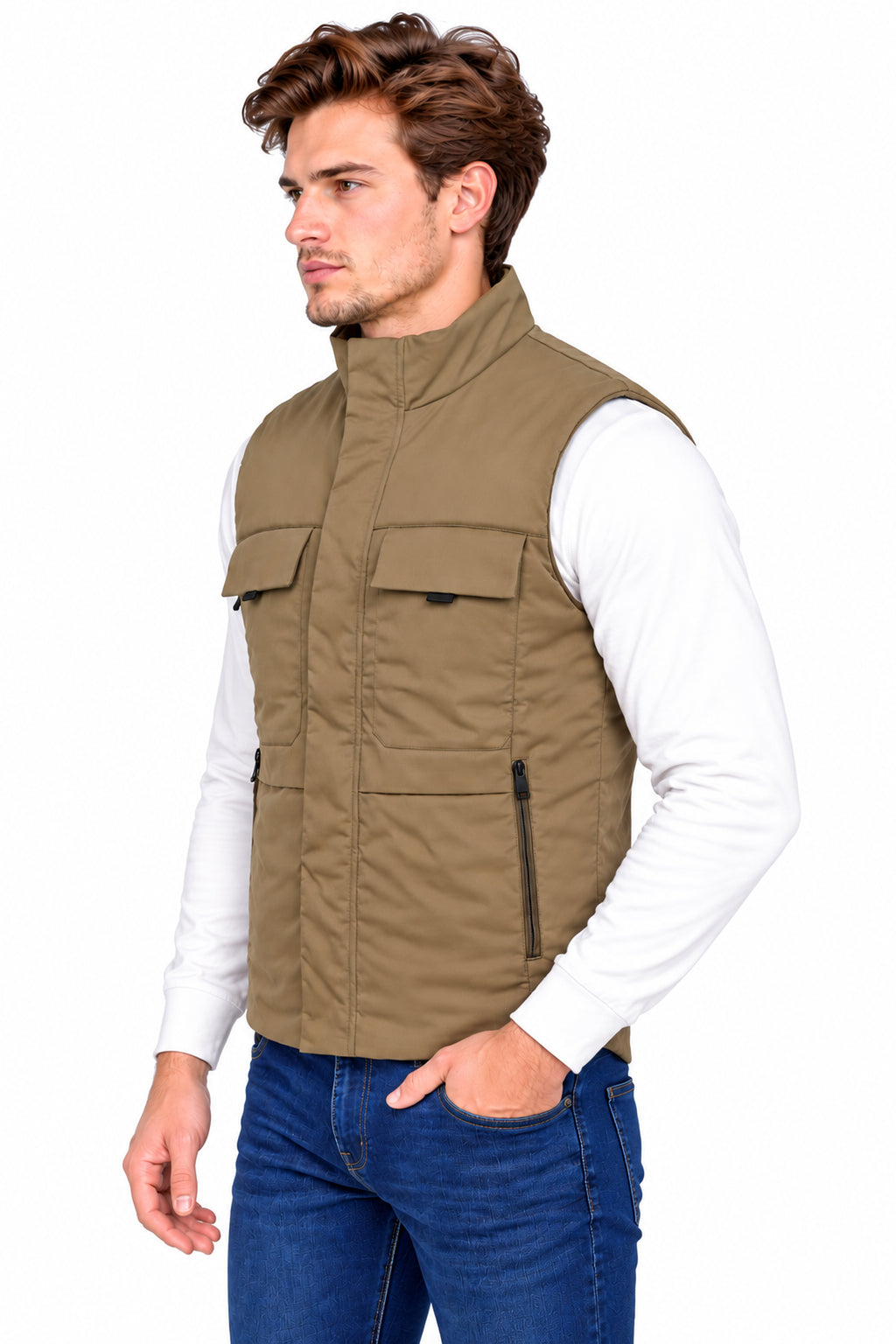 Men’s Quilted Poly Twill Sleeveless Jacket with 4 Utility Pockets & Stand Collar