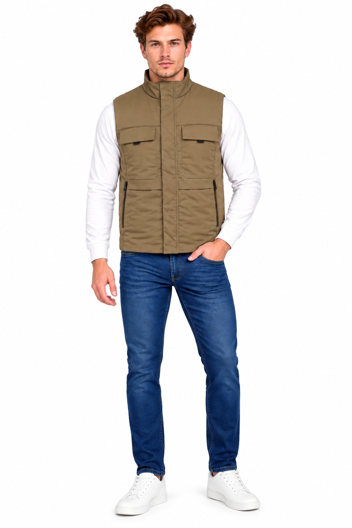 Men’s Quilted Poly Twill Sleeveless Jacket with 4 Utility Pockets & Stand Collar