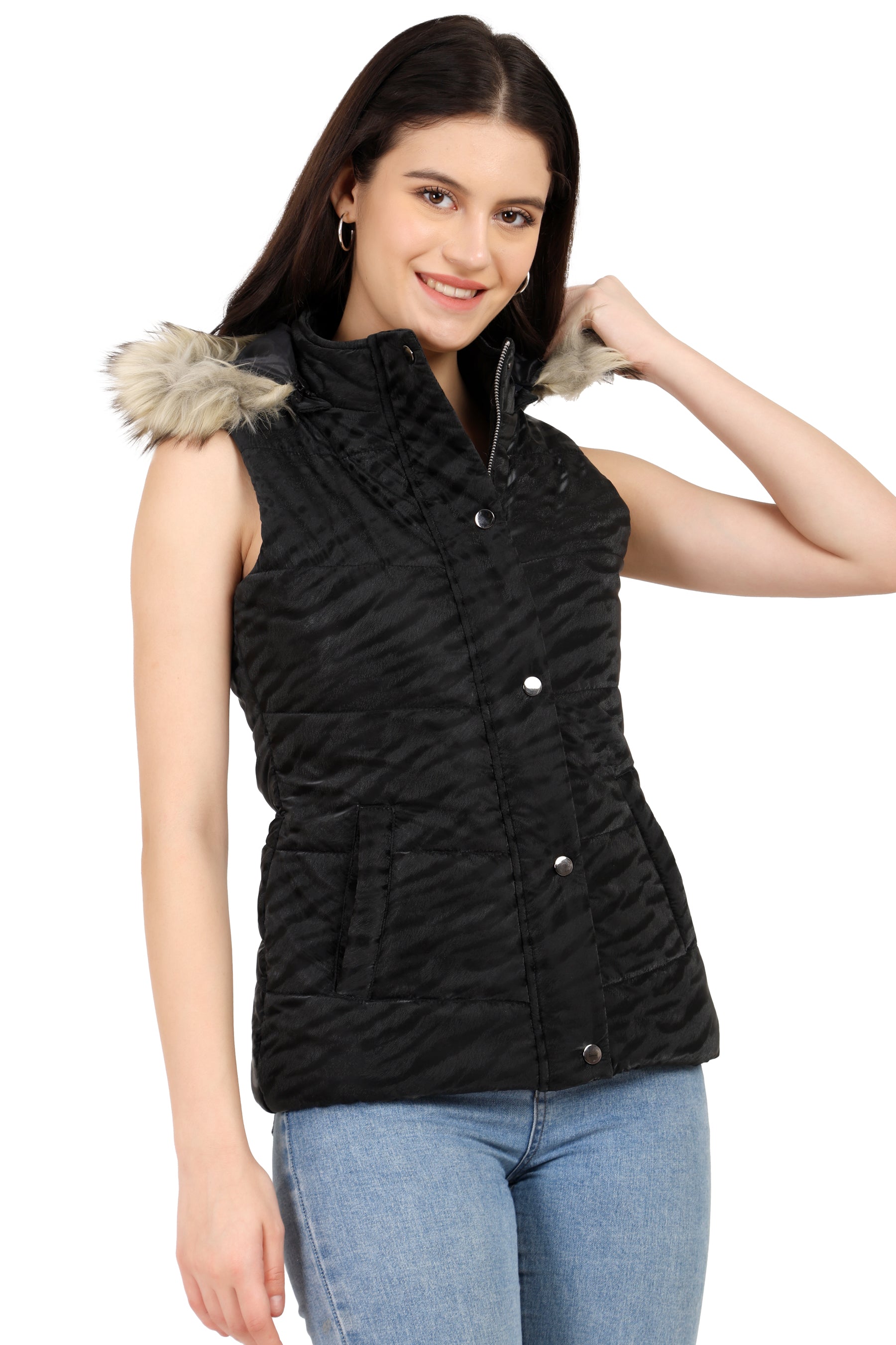 Trufit Women's Quilted Sleeveless PU Textured Jacket