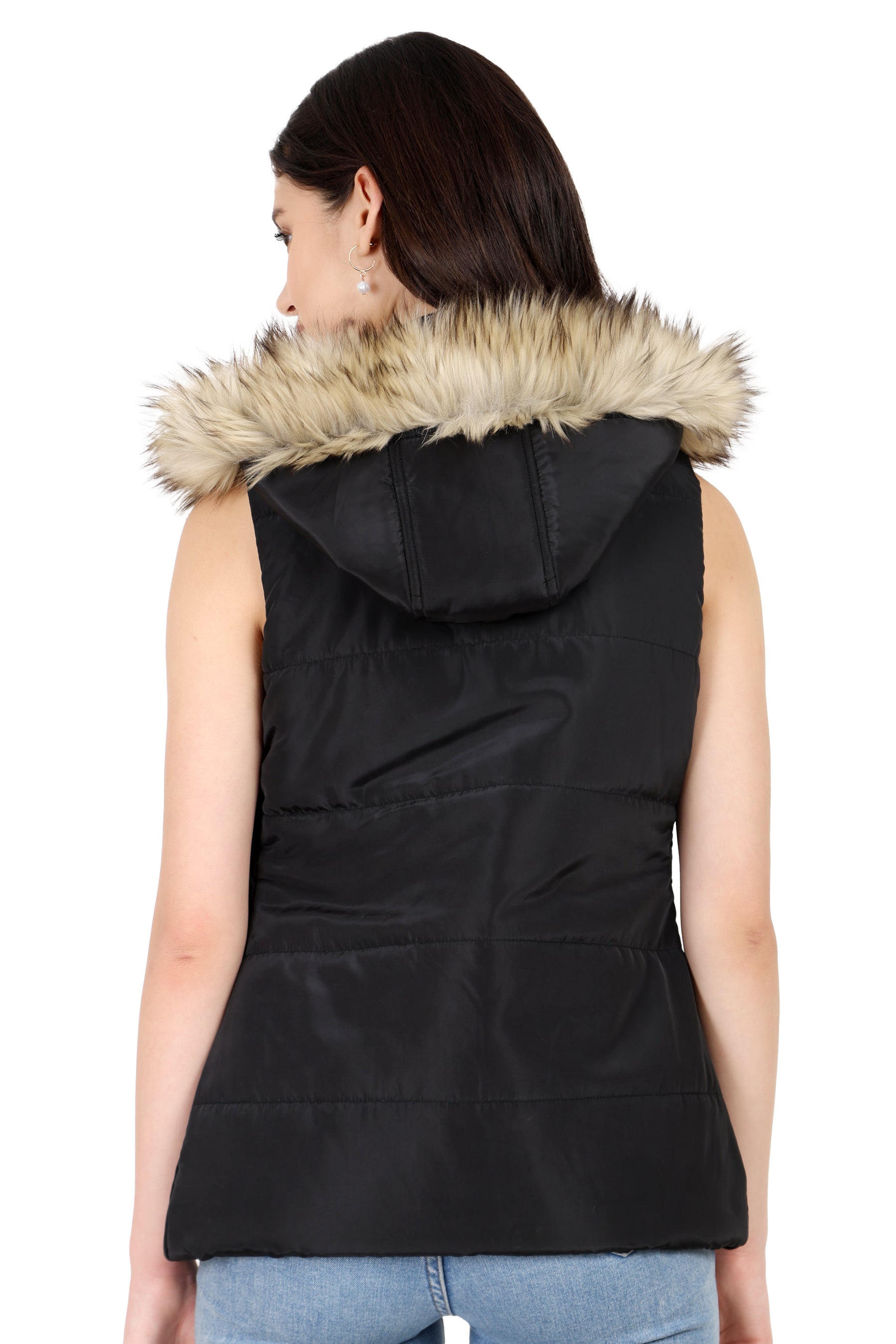 Quilted Polyester Sleeveless Jacket with Removable Hood