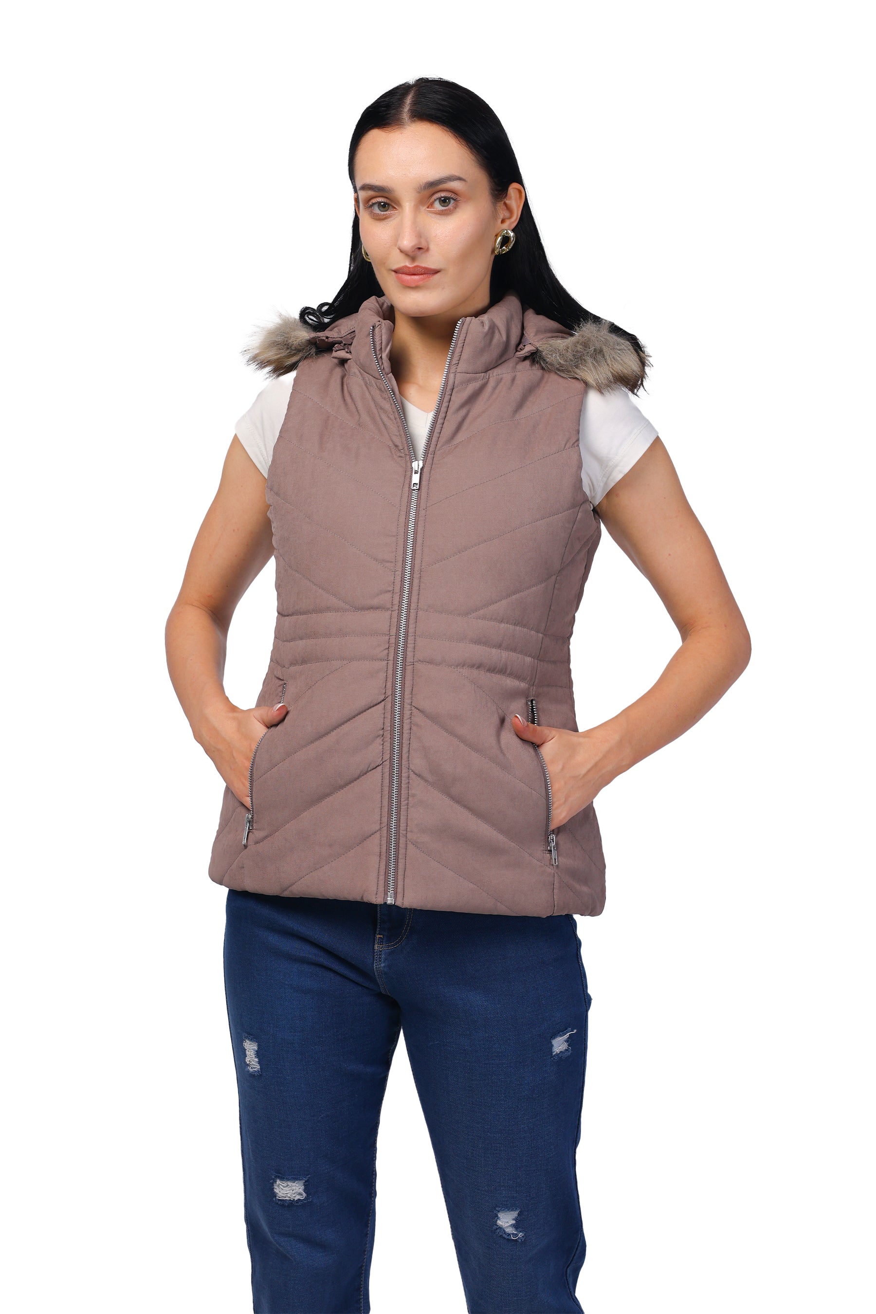 Women's Quilted Sleeveless Jacket with Removable Hood