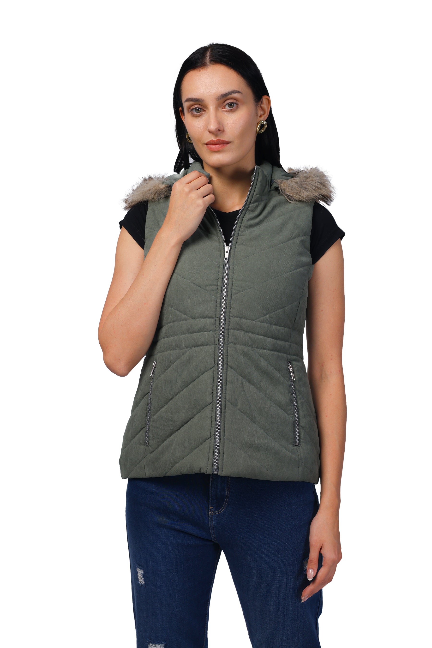 Women's Quilted Sleeveless Jacket with Removable Hood