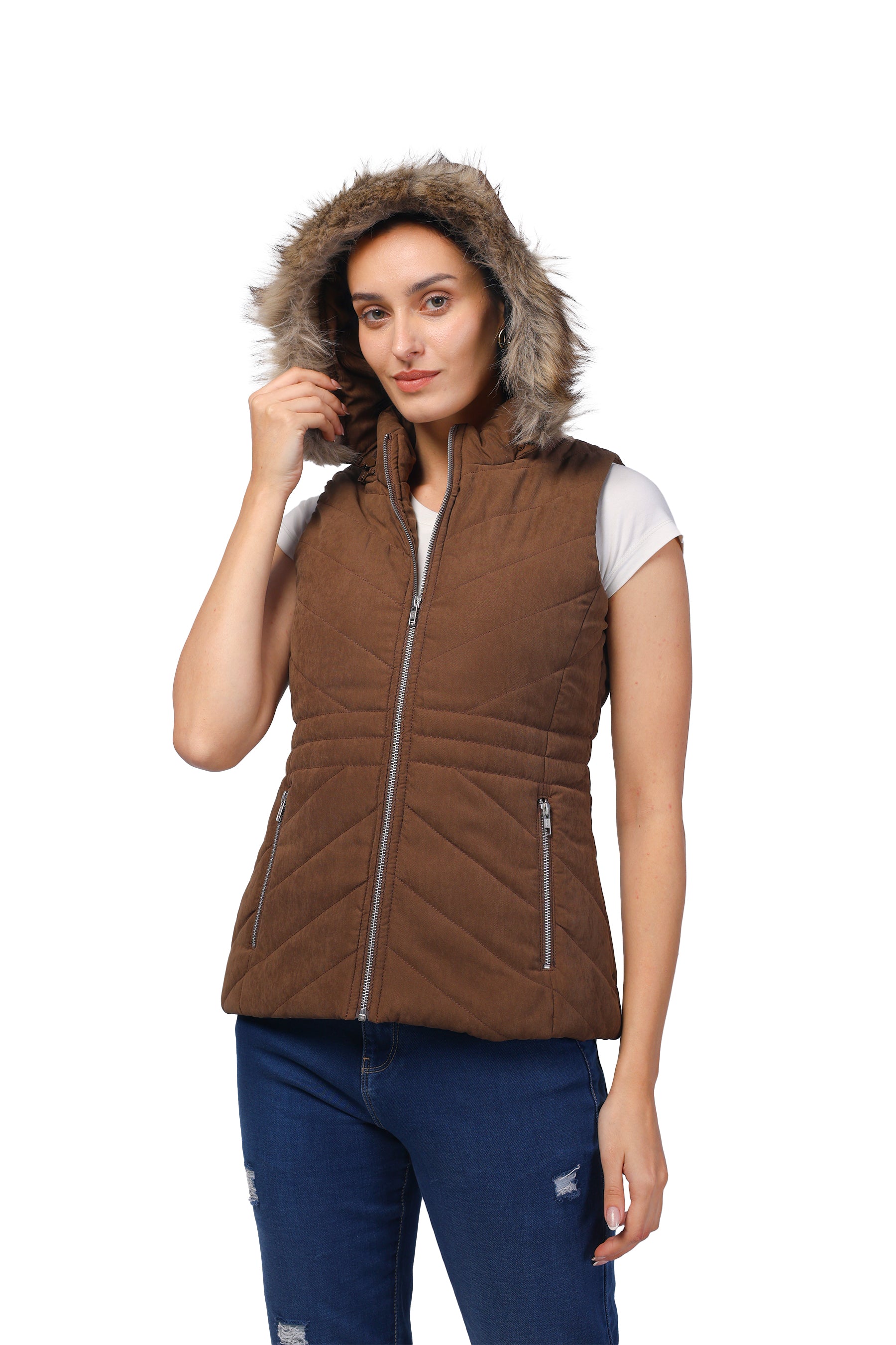 Women's Quilted Sleeveless Jacket with Removable Hood