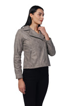 Women's Full Sleeve Leather Look Suede Fabric Biker Jacket