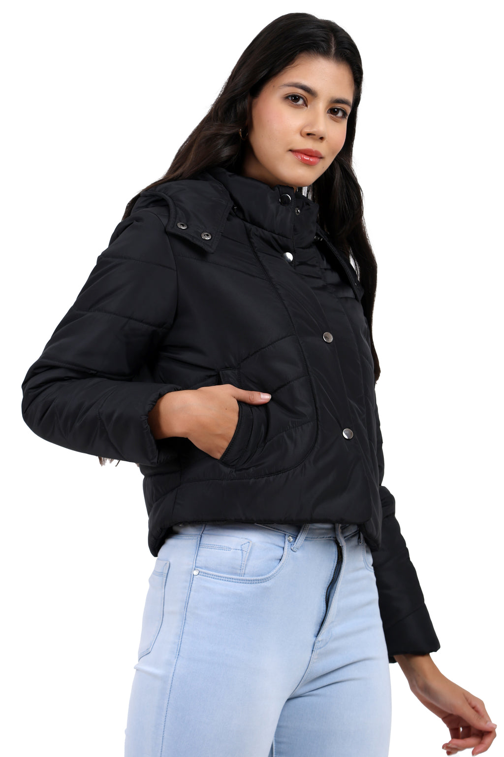 Women's Full Sleeve Quilted Crop Length Jacket With Removable Hood
