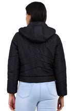Women's Full Sleeve Quilted Crop Length Jacket With Removable Hood