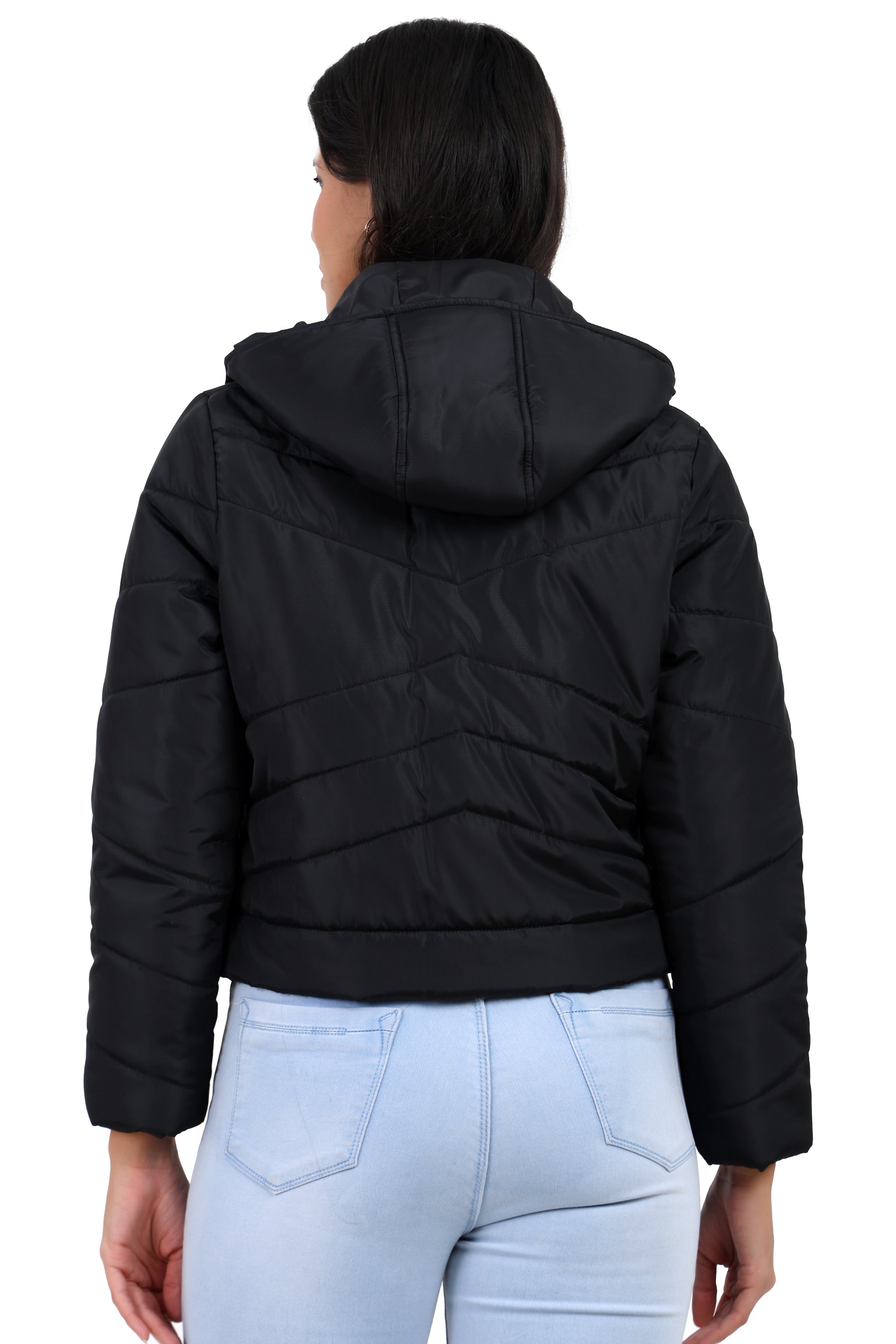 Women's Full Sleeve Quilted Crop Length Jacket With Removable Hood