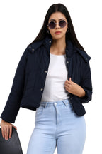 Women's Full Sleeve Quilted Crop Length Jacket With Removable Hood